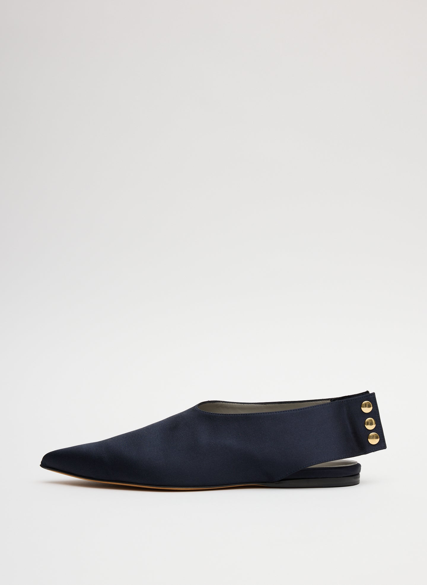 Navy Norbert Satin Flat - pointed toe, side view
