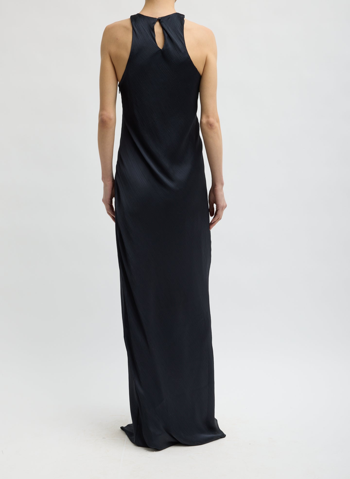 Navy Matte Satin Plisse Maxi Bias Dress - back view on model