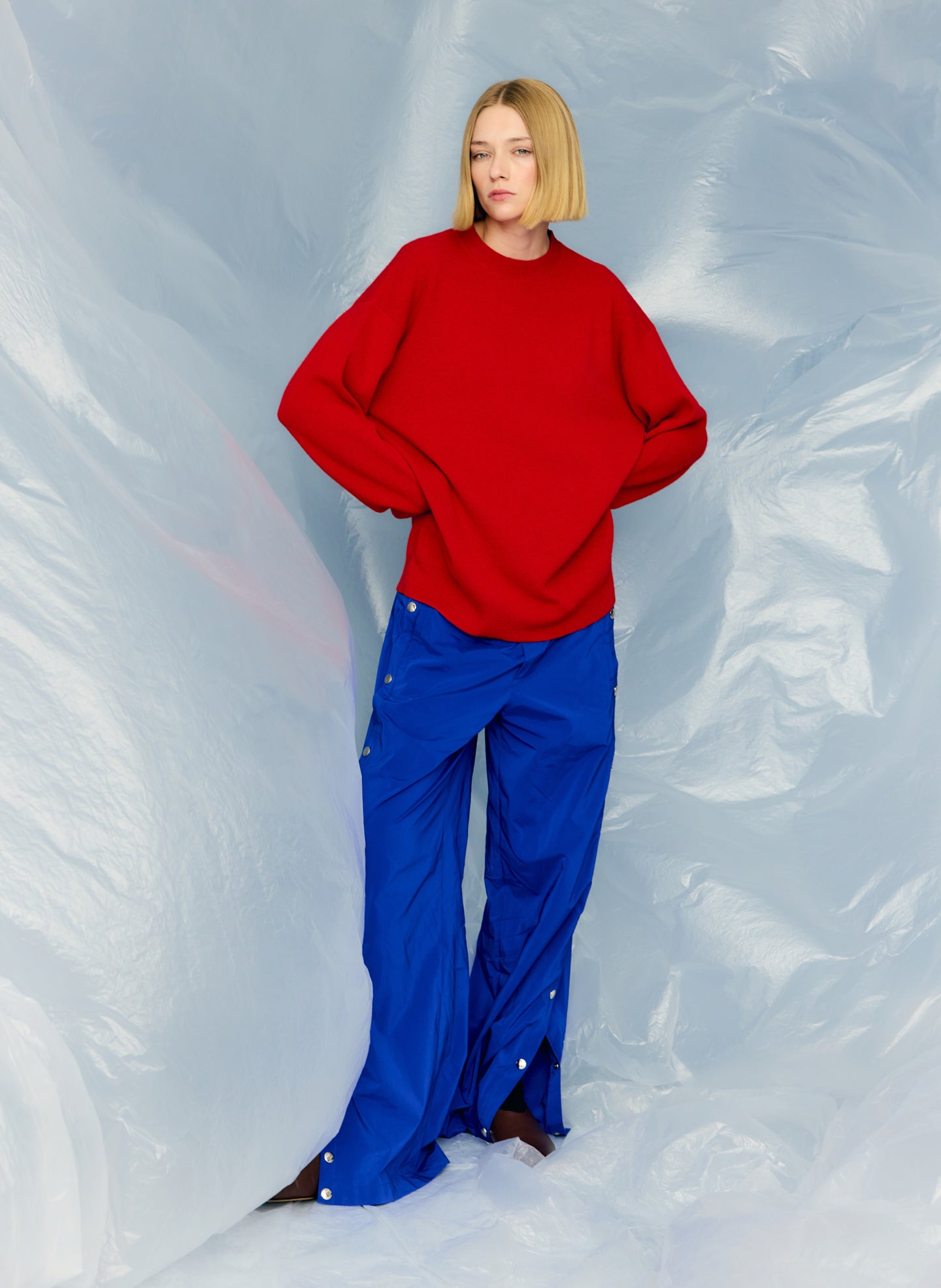 Bright Blue Nylon Snap Pull On Jogger - editorial campaign on model