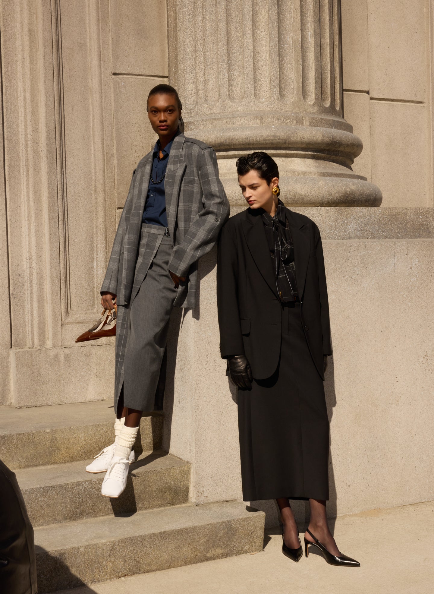 Grey Papery Wool Plaid Easy Men's Blazer and Apron Skirt - editorial image on model