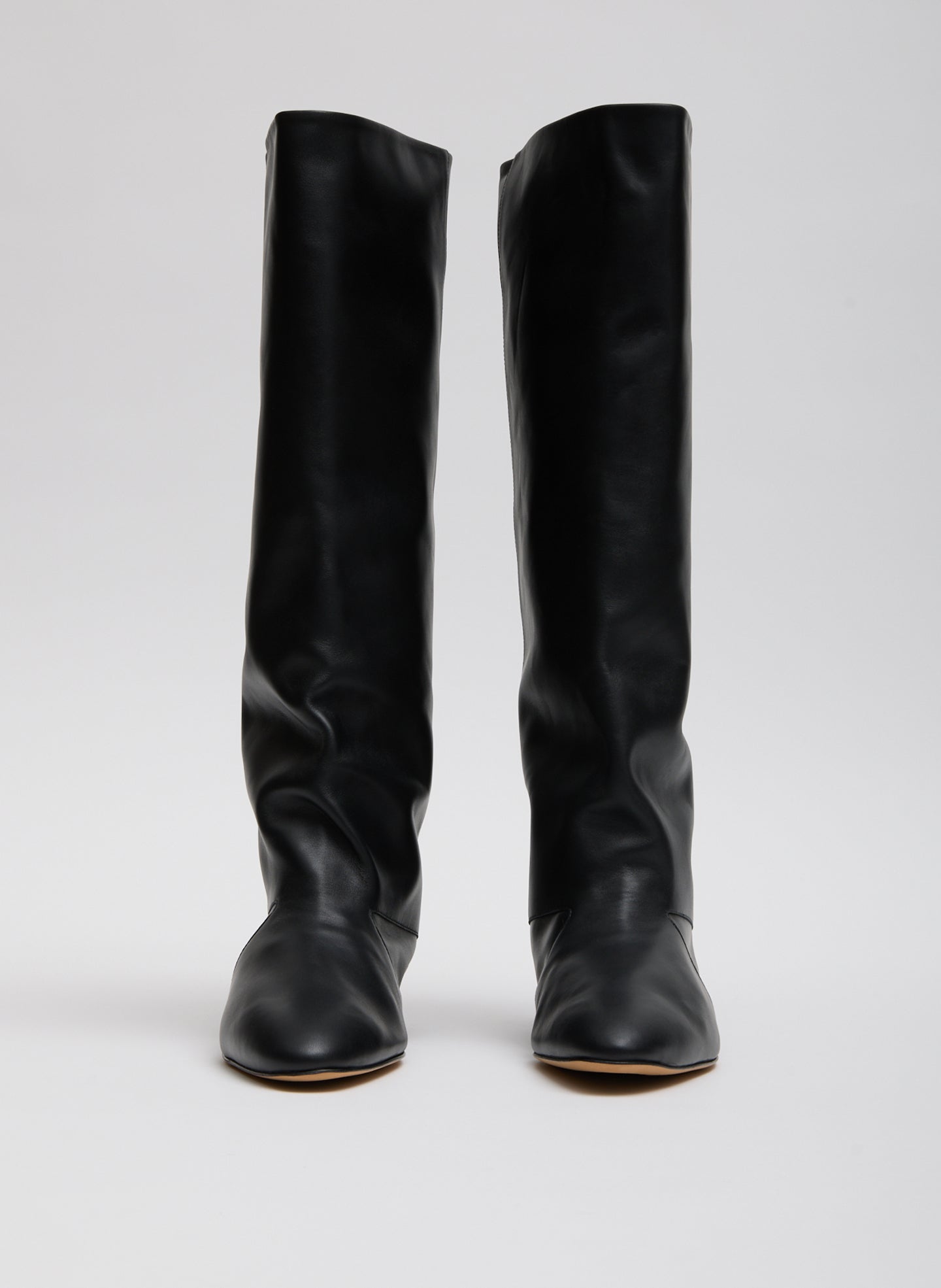 Black Kuda Boot - slouchy, knee-high leather boot, front view
