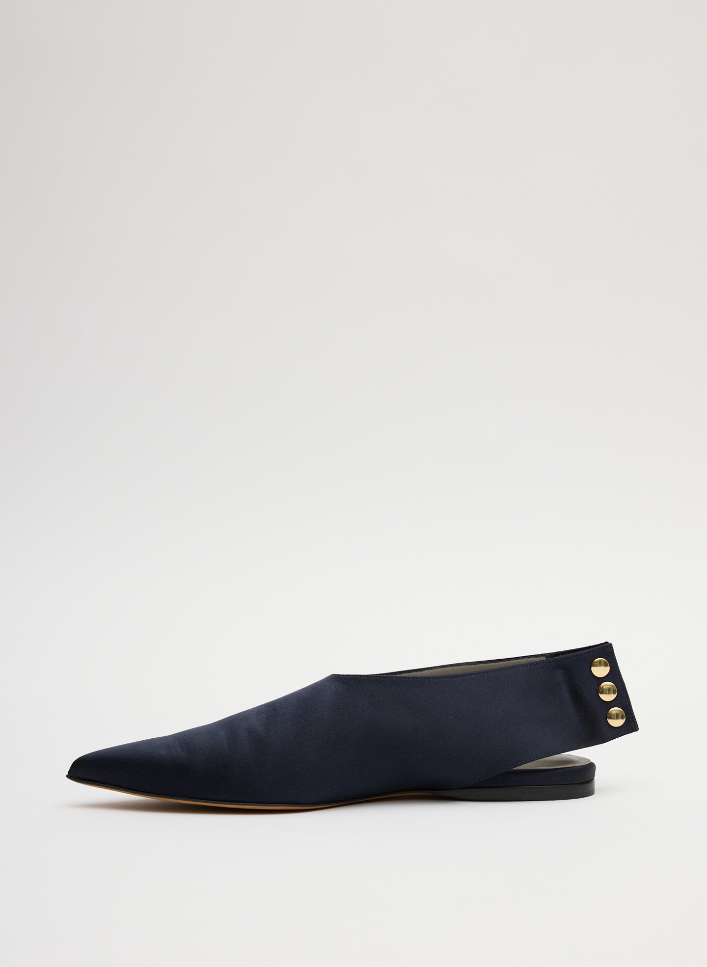 Navy Norbert Satin Flat - pointed toe, side view