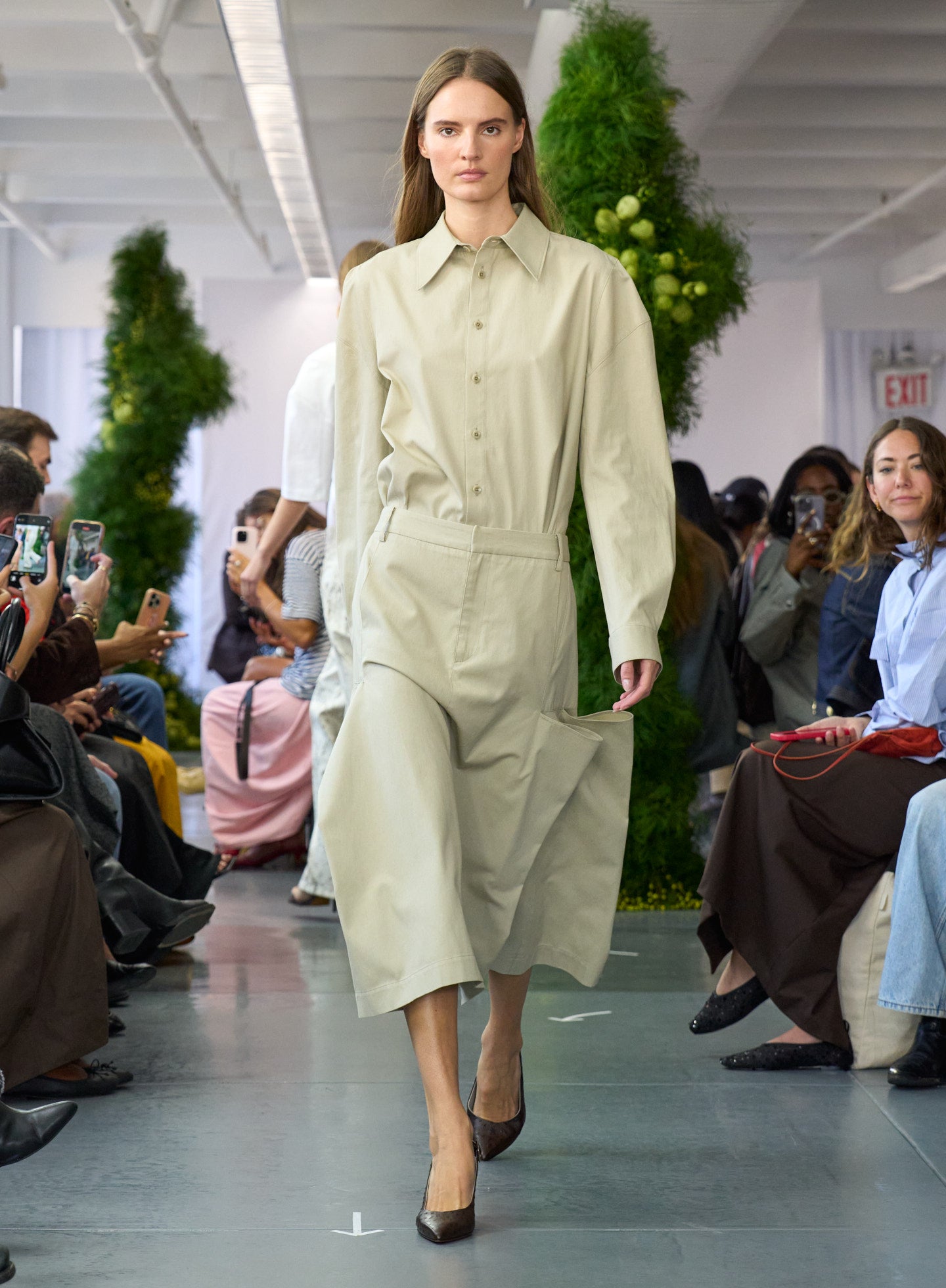 Taupe Luxe Spring Twill Tucked Pleat Skirt and Hinged Sleeve Shirt - on runway