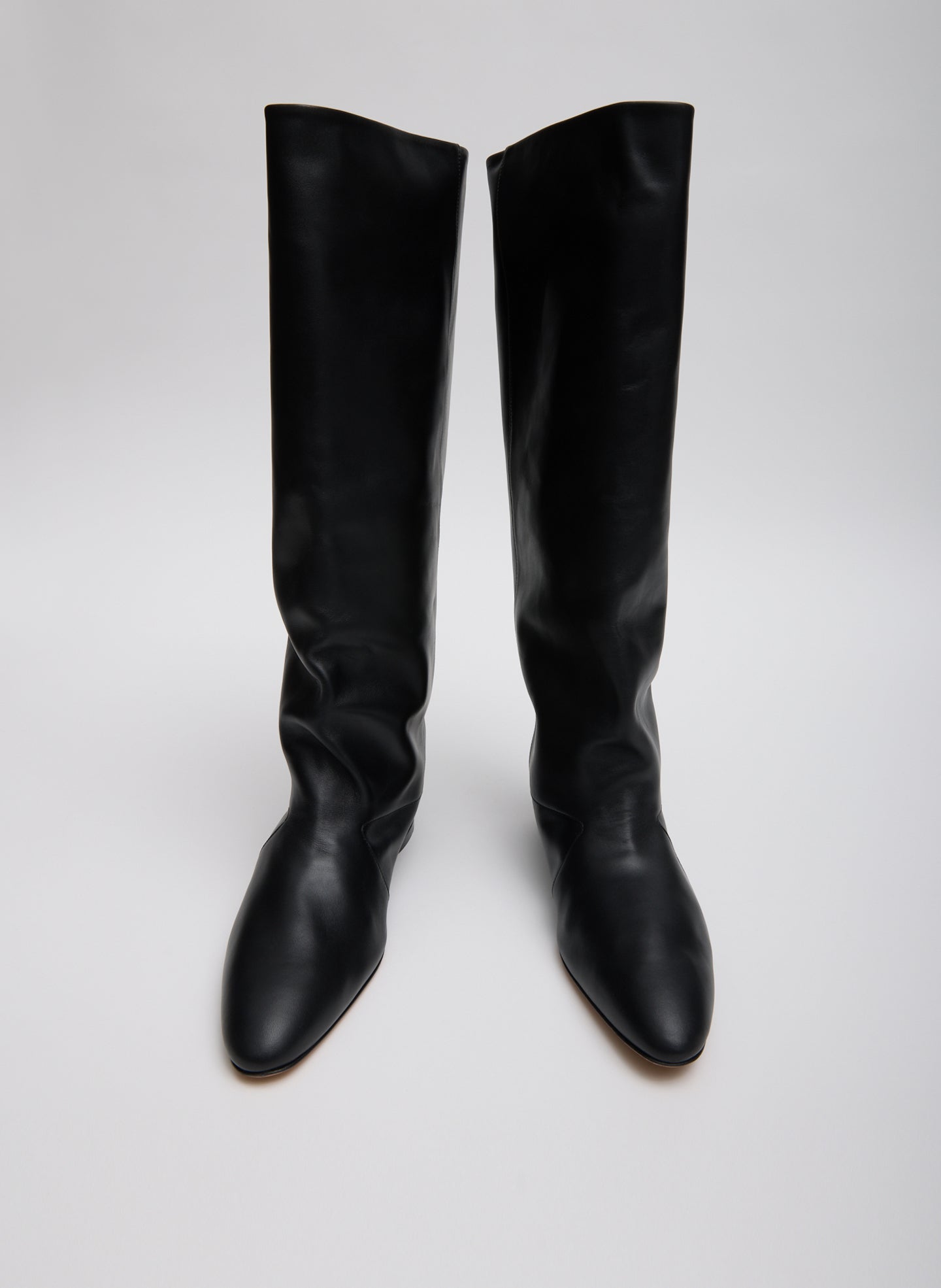 Black Kuda Boot - slouchy, knee-high leather boot, front view