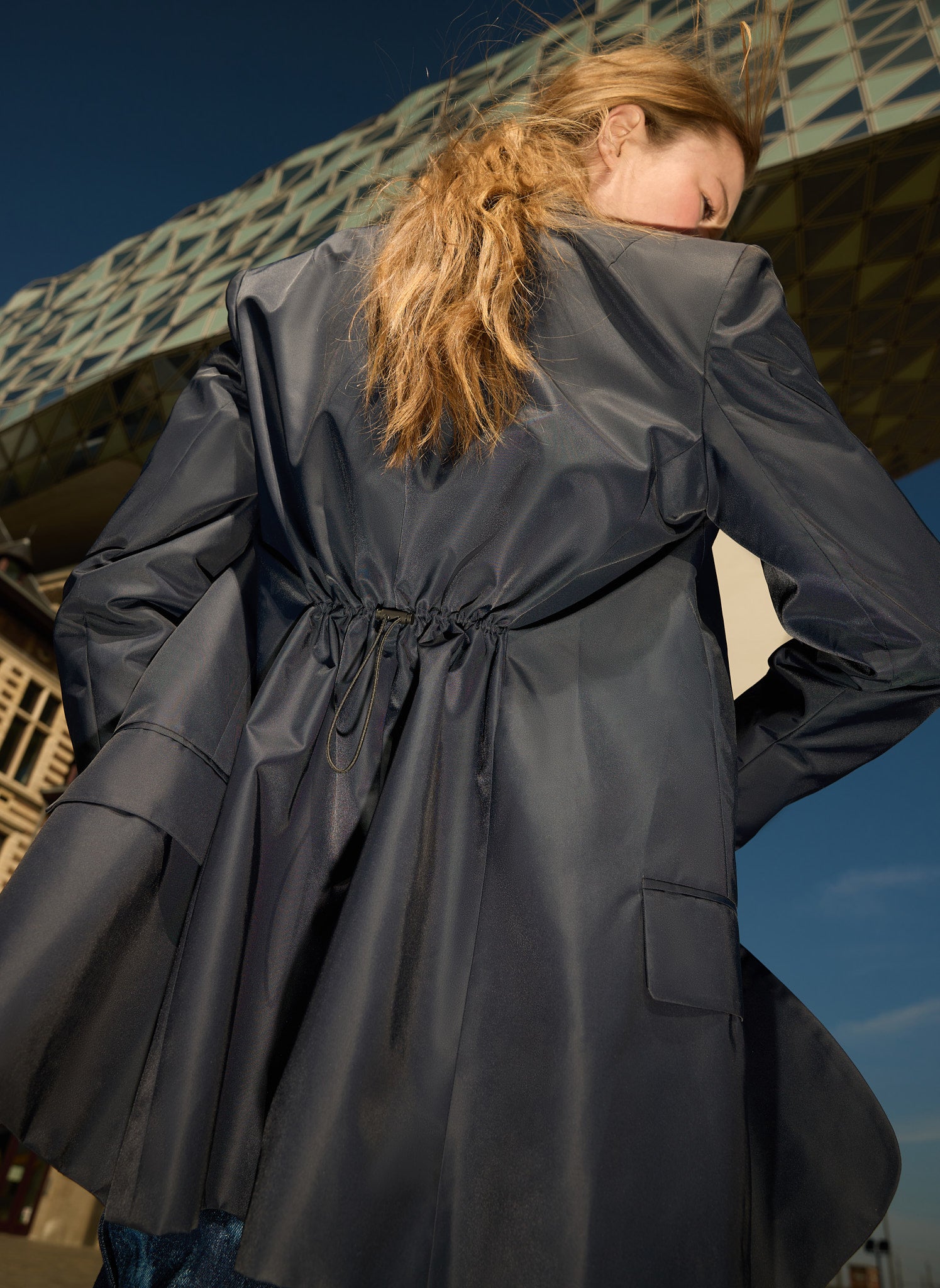 Navy Eco Nylon Max Blazer - editorial campaign, on model