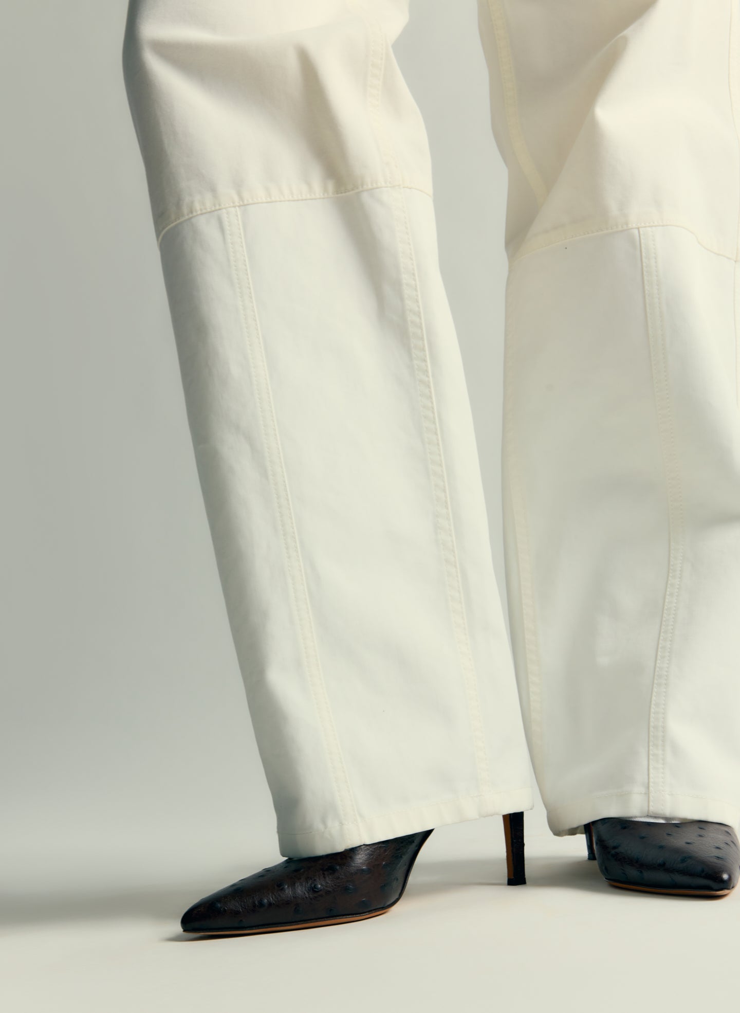 White Patchwork Twill Cargo Fischer Jean and Jacket - editorial image on model