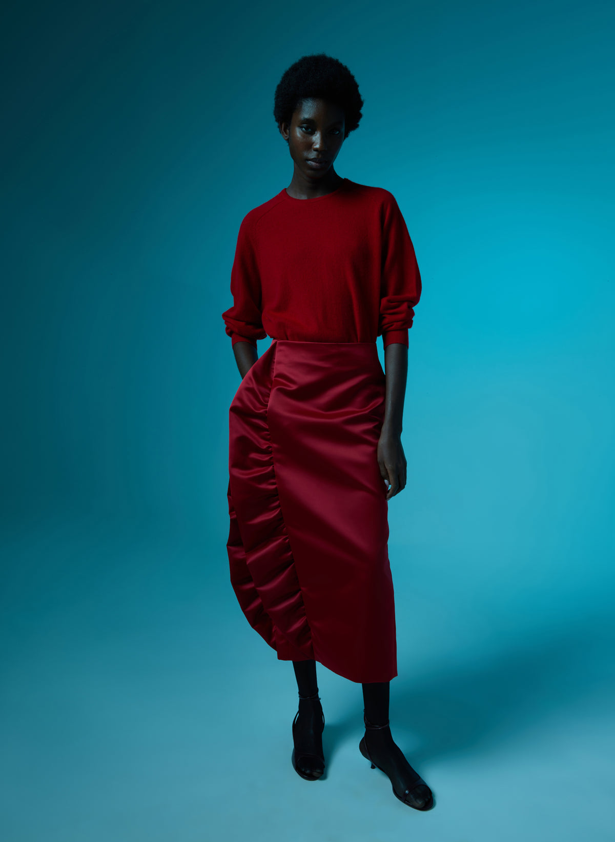 Red Feather Weight Cashmere Sweater - thin crewneck sweater, editorial image on model