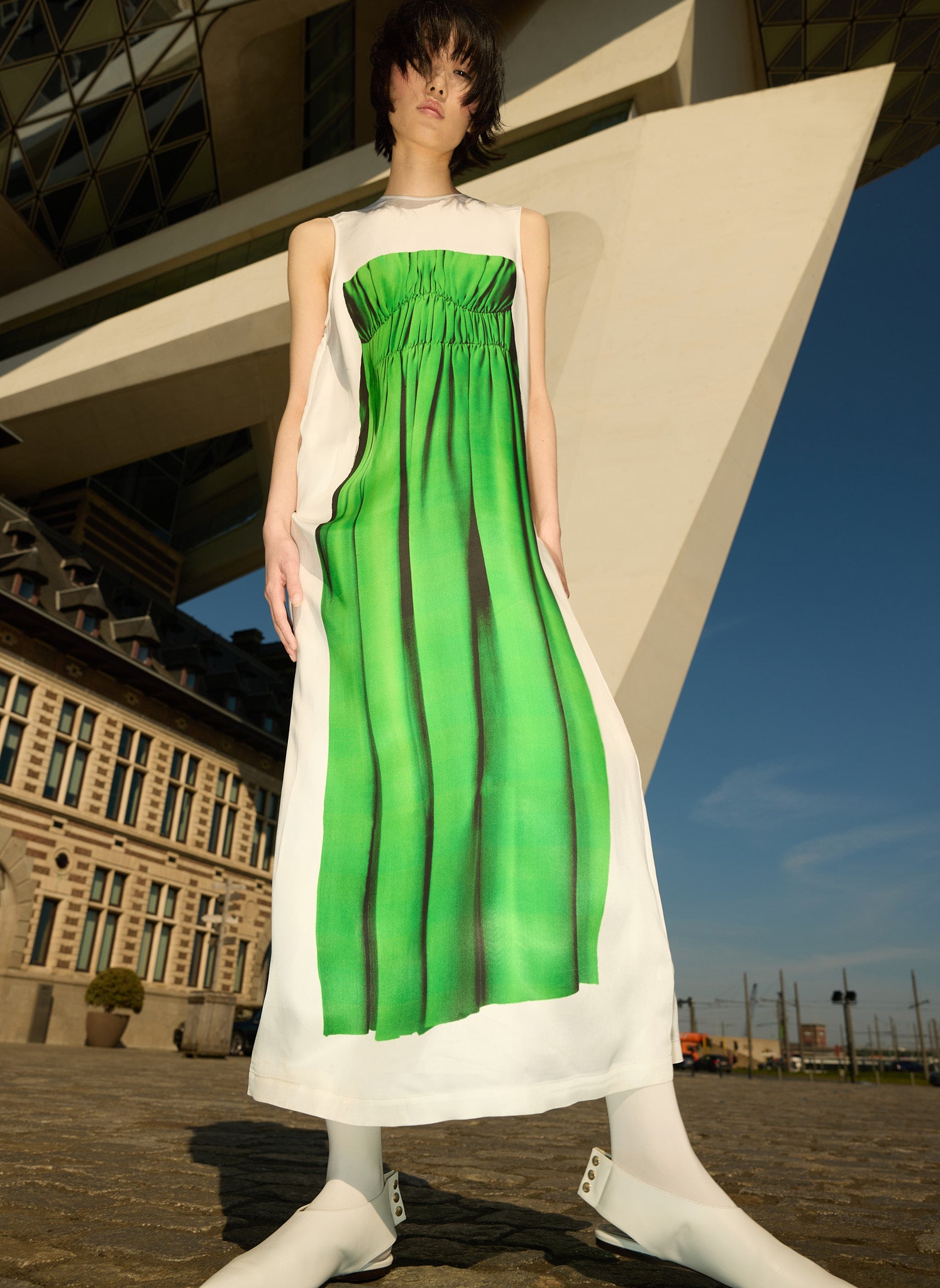 Green Multi Trompe L'oeil Dress - editorial campaign, on model