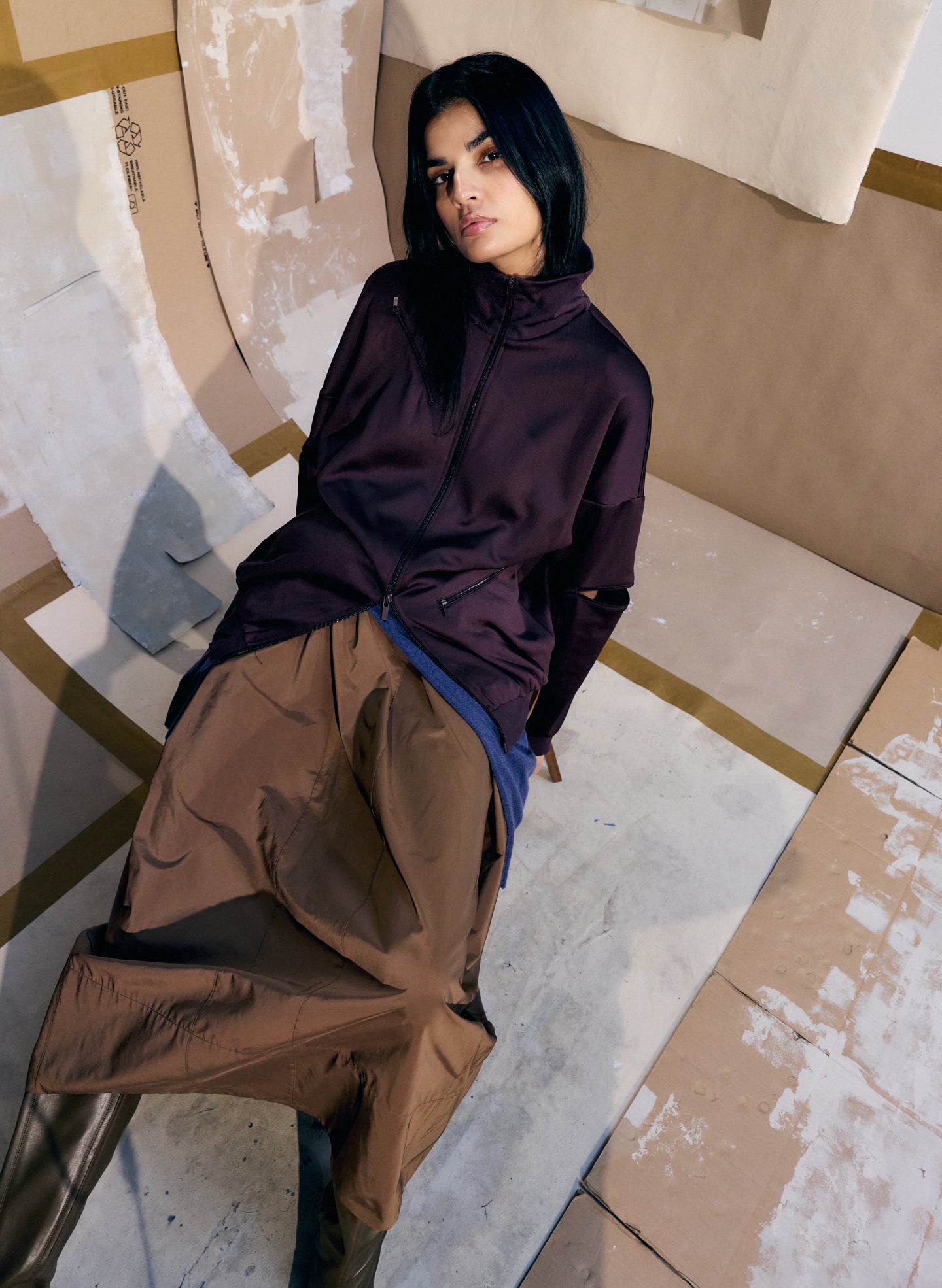 Brown Active Knit Zipper Detail Track Jacket - editorial image on model