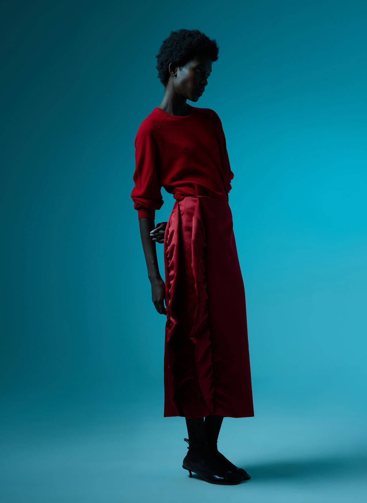 Red Tech Satin Side Ruffle Skirt - midi skirt, editorial image on model
