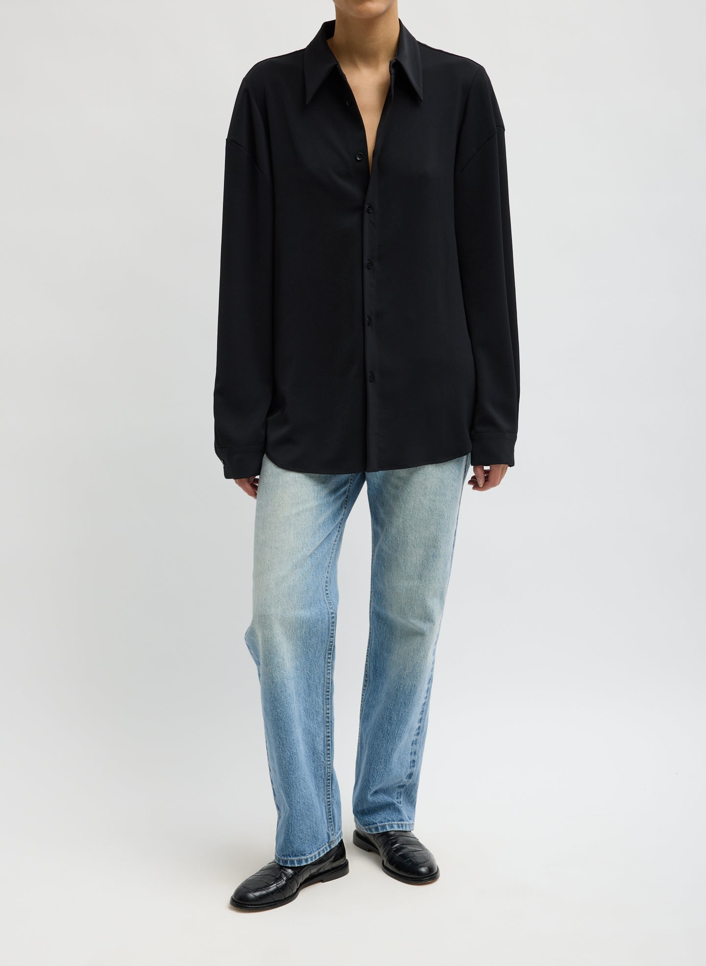 Black Soft Drape Hinged Shirt -full look, front view on model