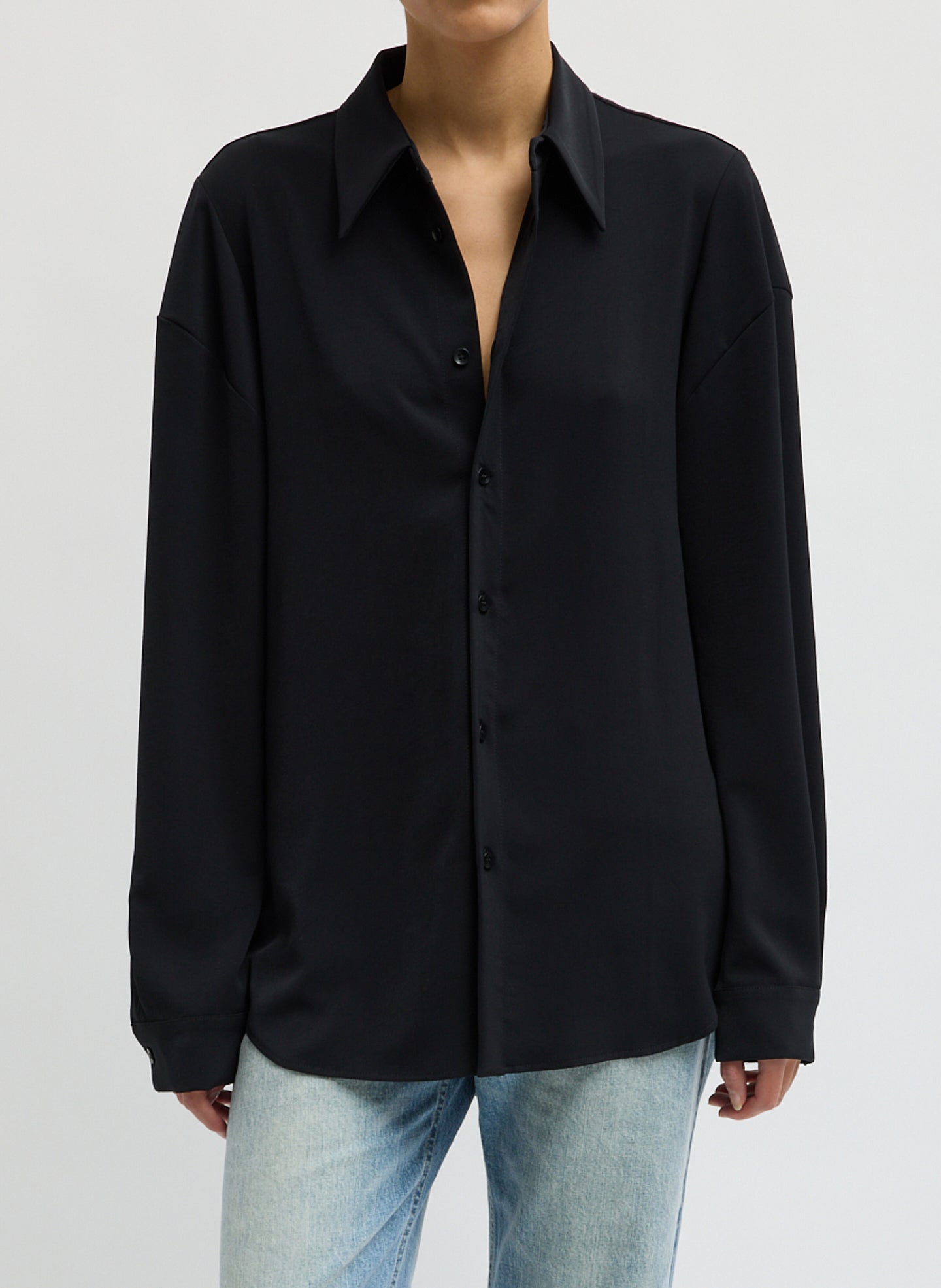 Soft Drape Hinged Shirt - Black Soft Drape Hinged Shirt - button down shirt, front view on model
