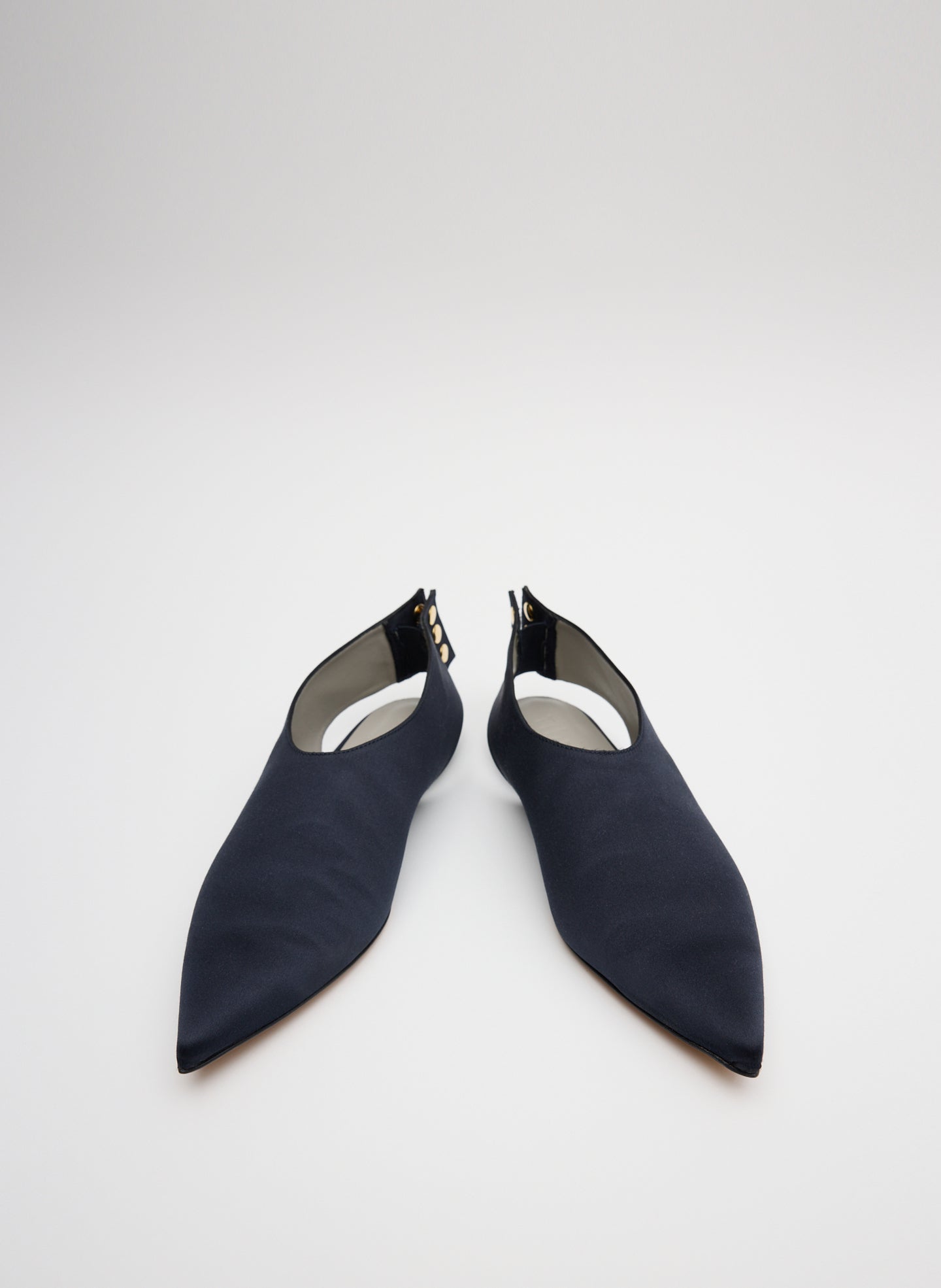 Navy Norbert Satin Flat - pointed toe, front view
