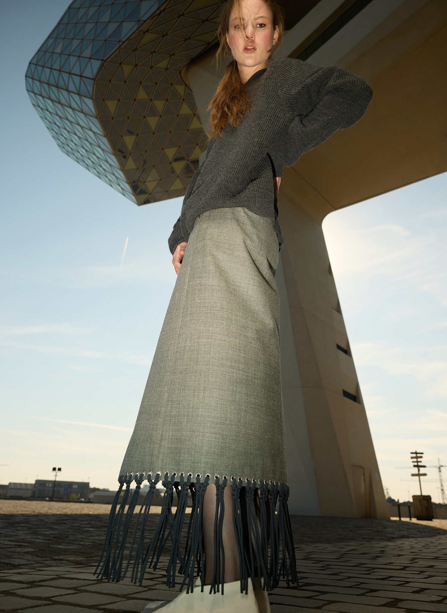 Grey Techy Bonded Wool Crochet Trim Skirt - editorial campaign, on model