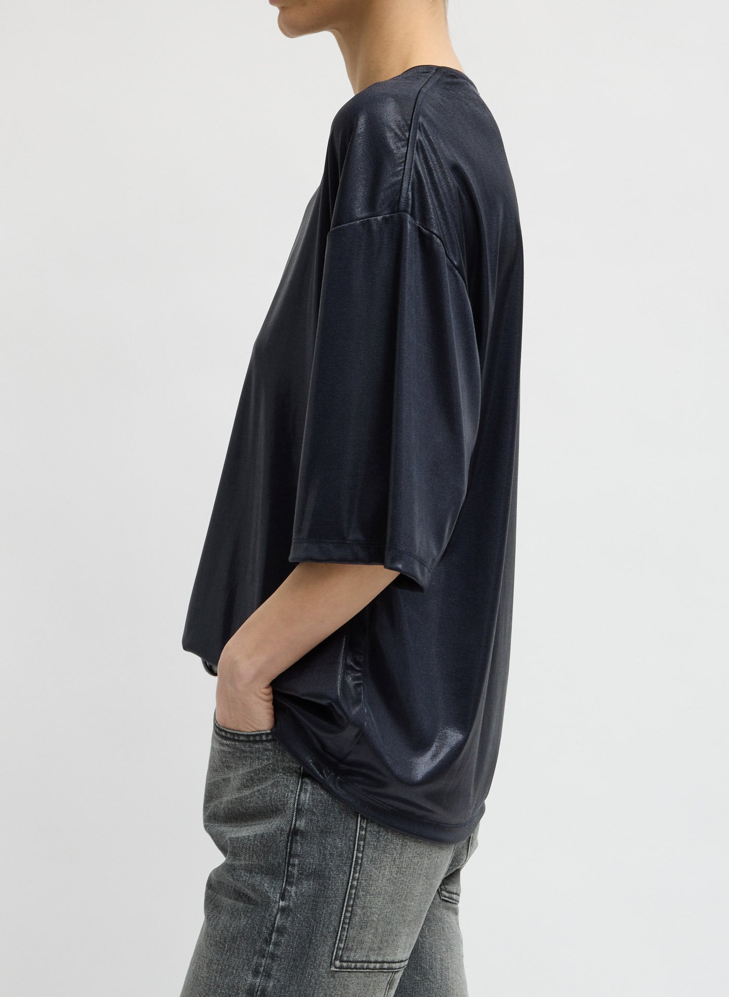 Navy Metallic Knit Easy T-Shirt - oversized t-shirt, side view on model