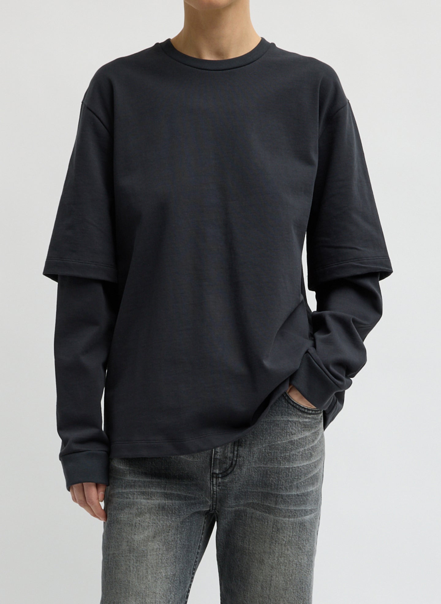 Perfect Unisex Double Layer Long Sleeve T-Shirt - Black Perfect Unisex Double Layer Long Sleeve T-Shirt - front view on model