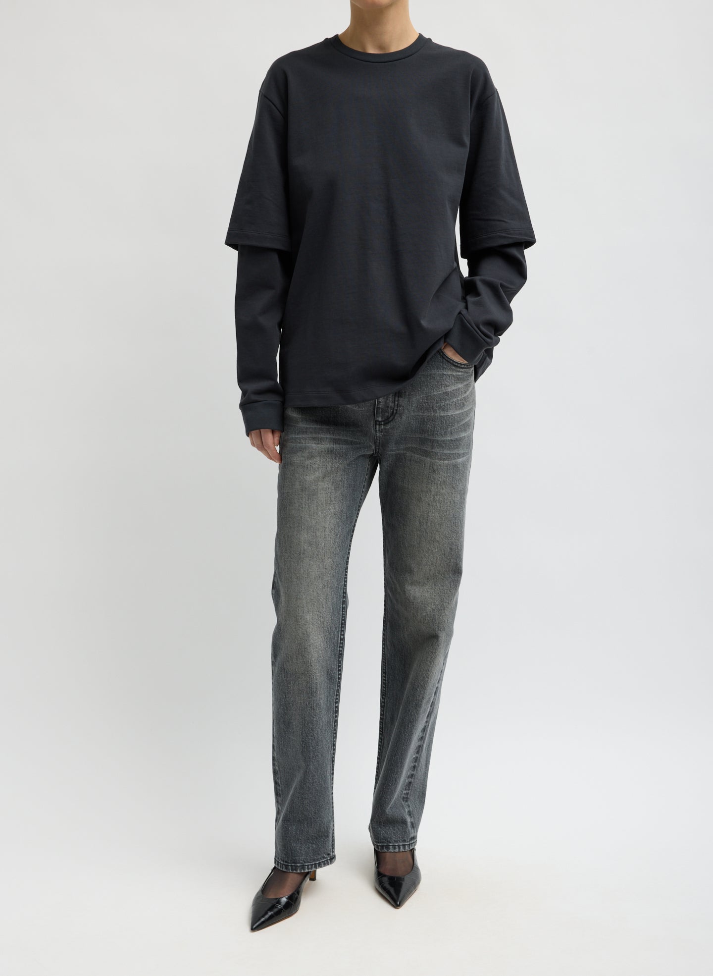 Black Perfect Unisex Double Layer Long Sleeve T-Shirt - full look, front view on model