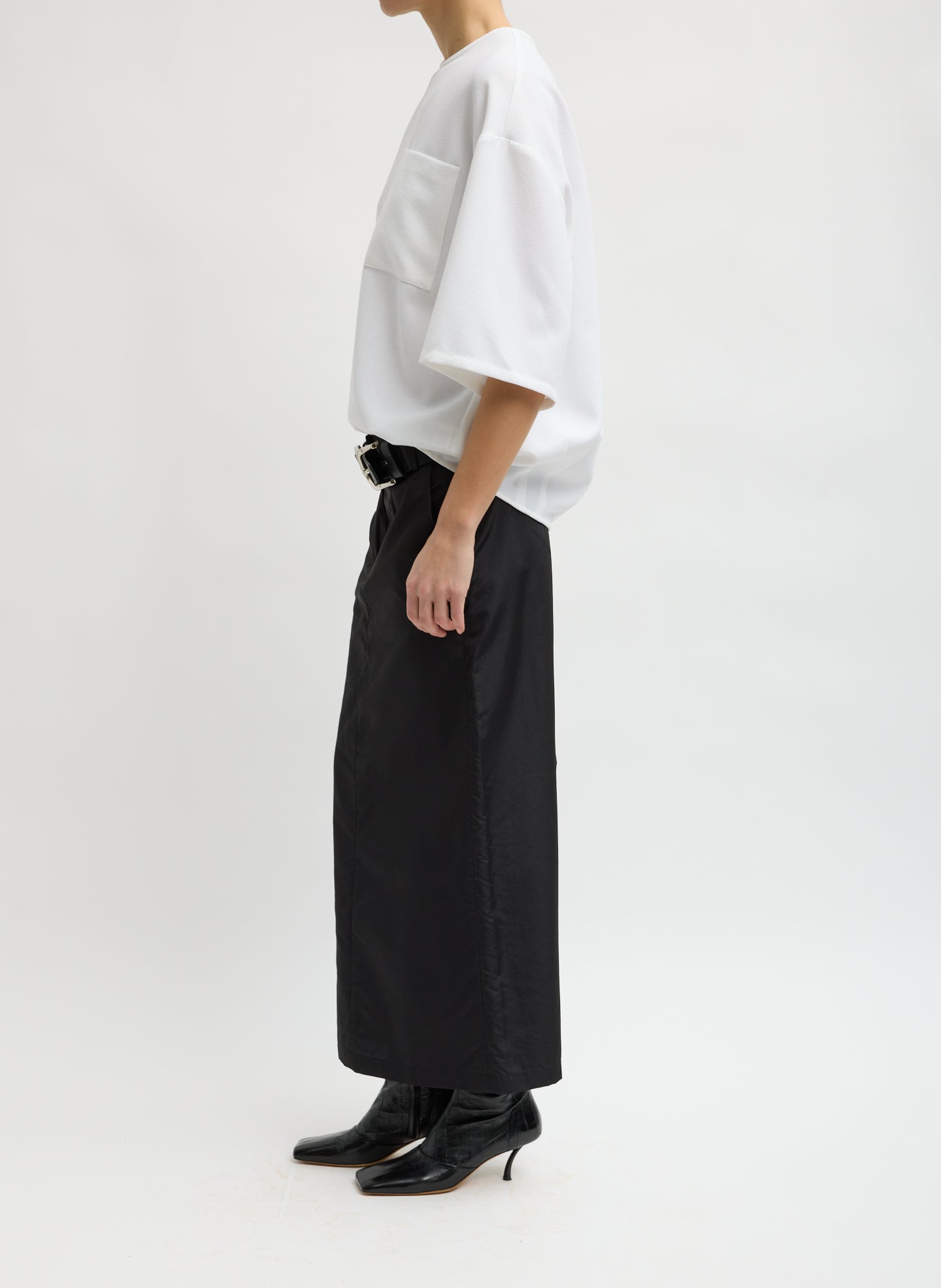 Black Crispy Nylon Maxi Skirt - trouser skirt, side view on model