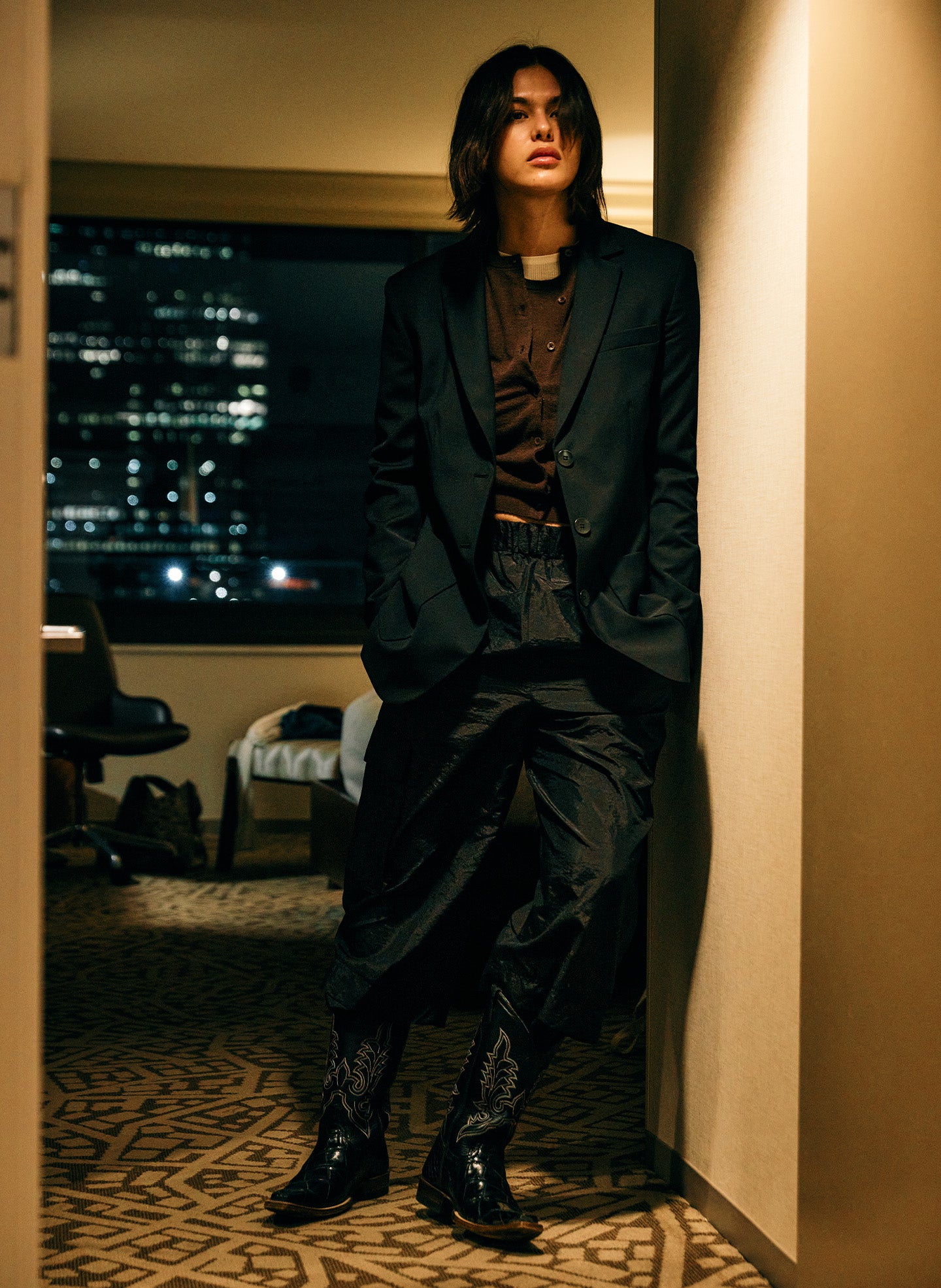Black Tropical Wool Cutout Sleeve Marlon Blazer - editorial campaign on model