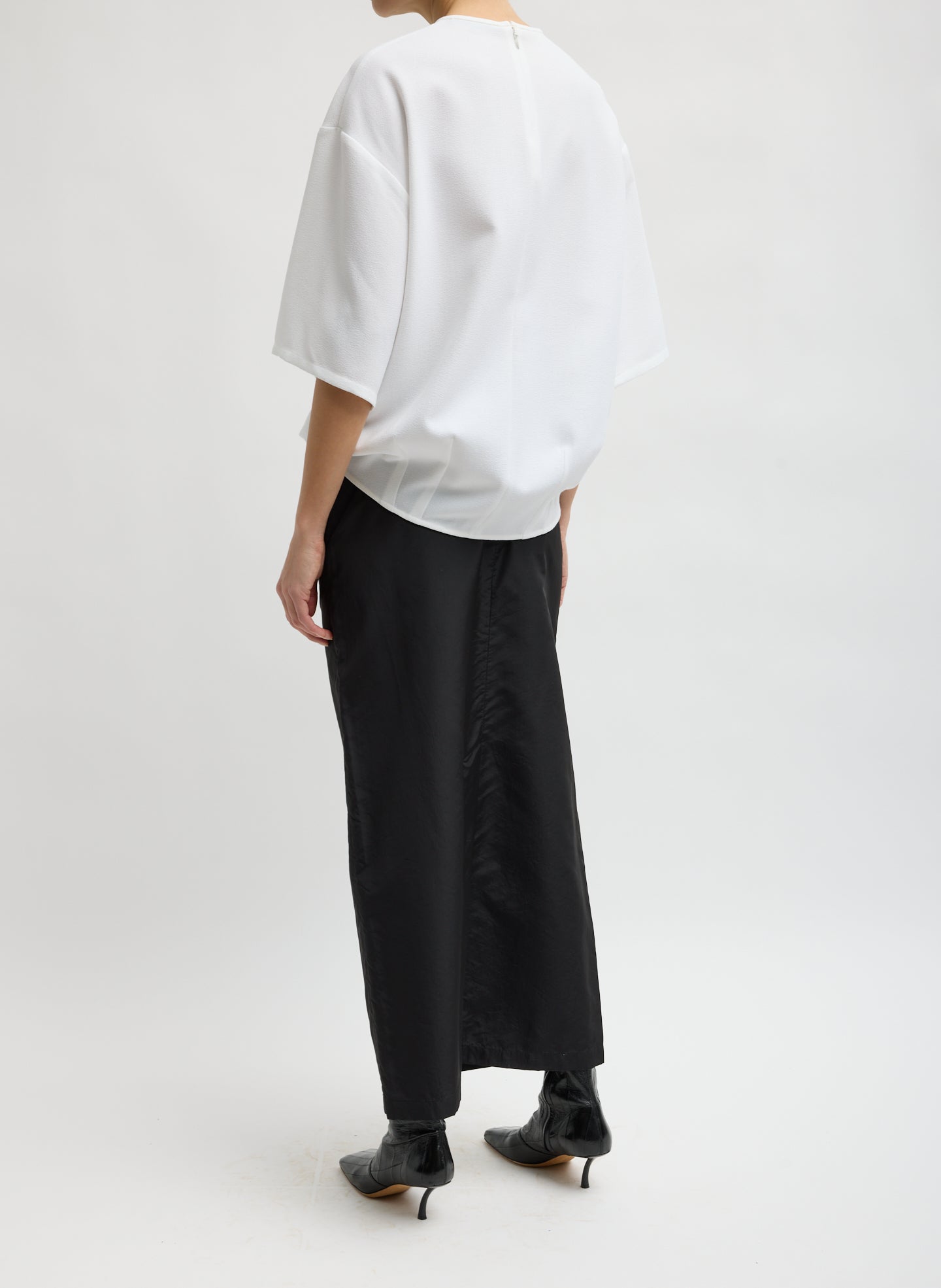 Black Crispy Nylon Maxi Skirt - trouser skirt, back view on model