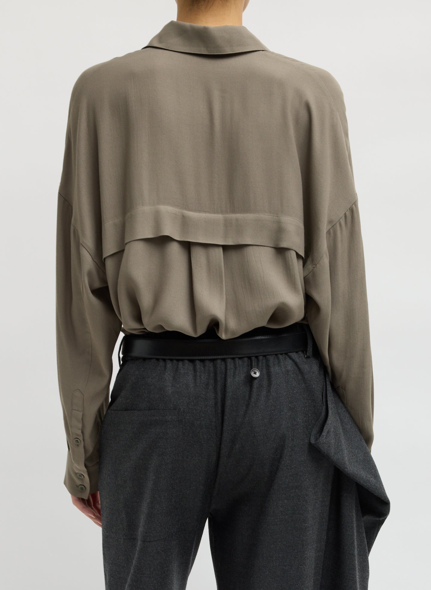 Dark Hazelnut Green Feather Weight Eco Crepe Oversized Shirt - long sleeve button down top, back view on model