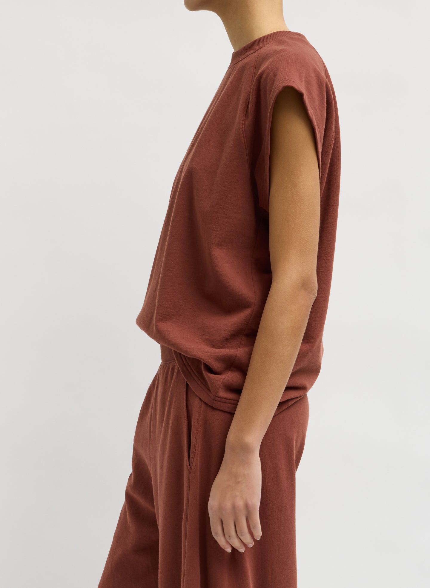 Red Clay Light Weight Sweatshirting Sleeveless Easy Top - side view on model