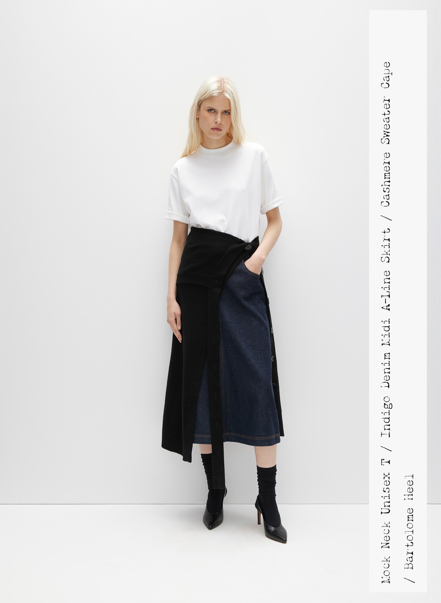 Indigo Denim Midi A-Line Skirt - editorial campaign on model