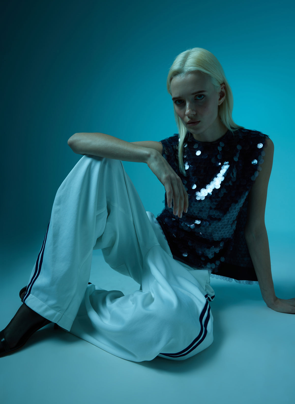 Lavender Grey Pastille Bib Top - purple sequin sleeveless top, editorial image on model