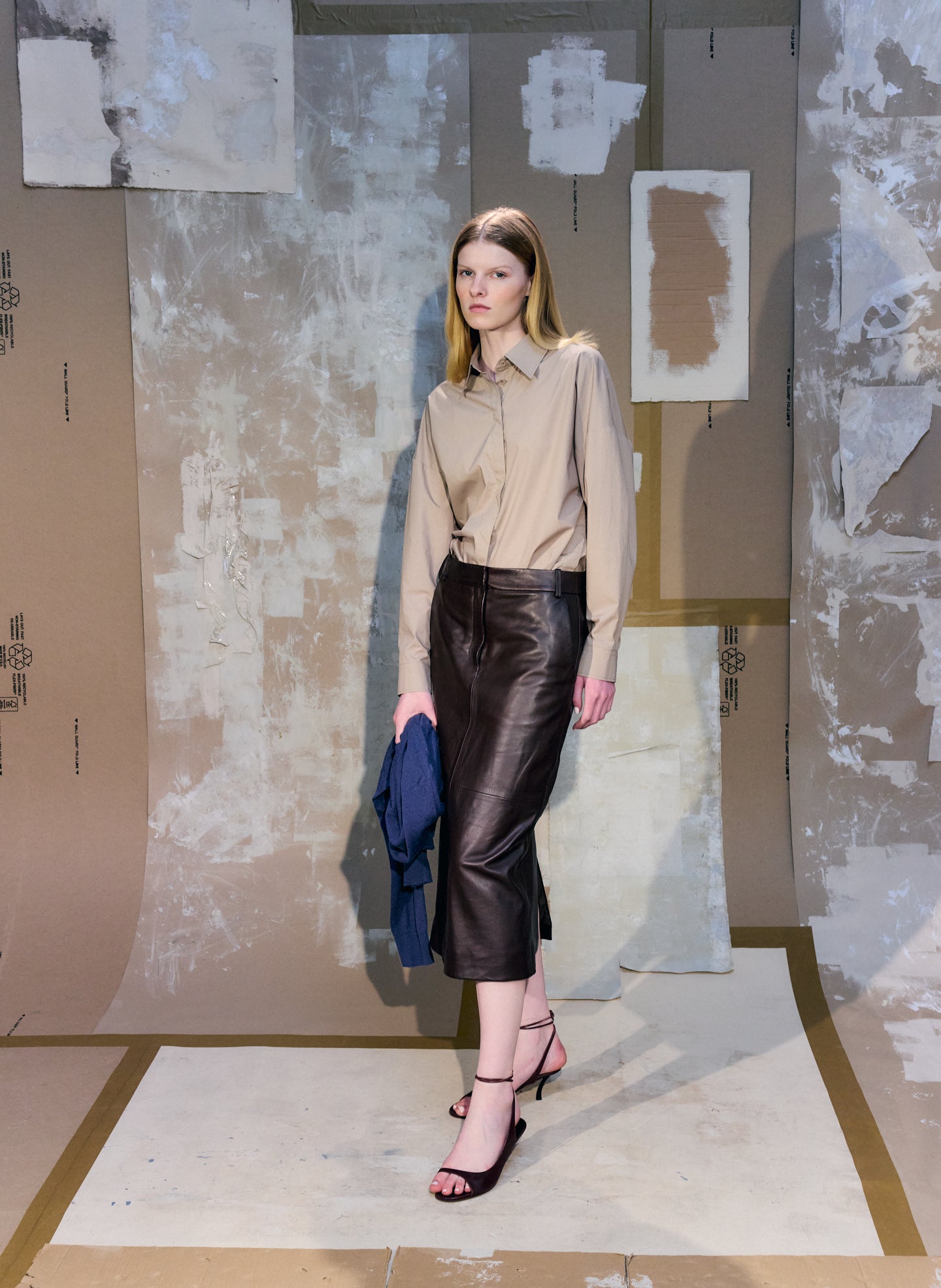 Brown Leather Midi Trouser Skirt - editorial image on model