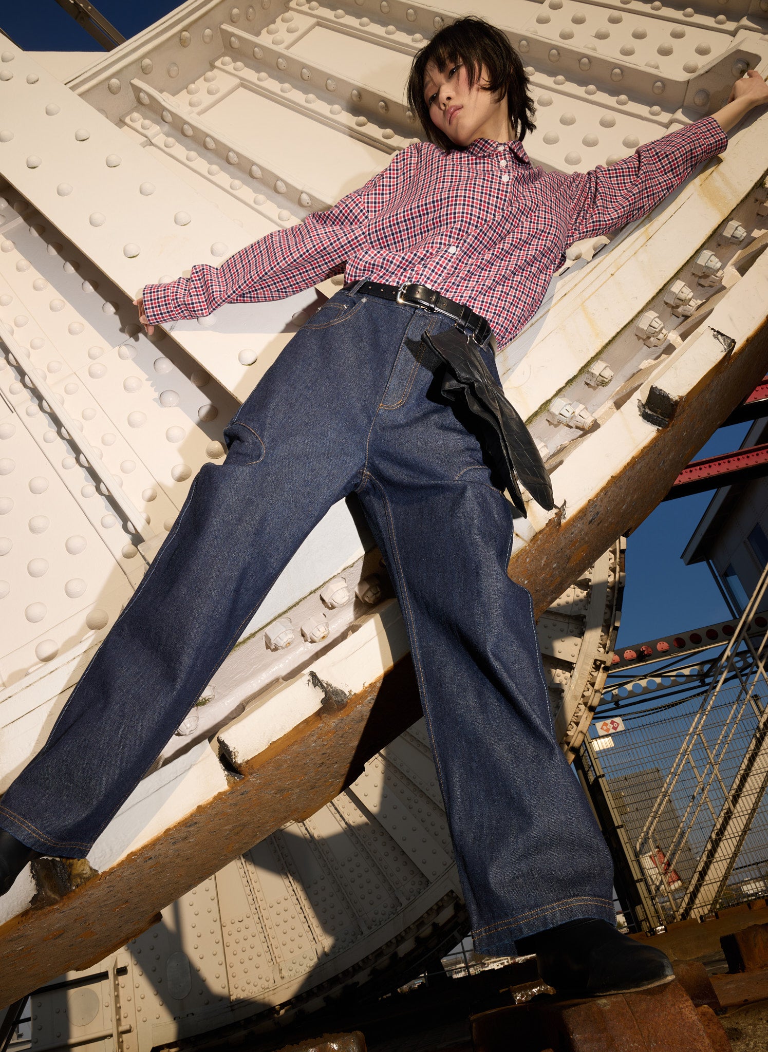 Red Multi Flannel Menswear Shirting Oversized Shirt - editorial campaign, on model