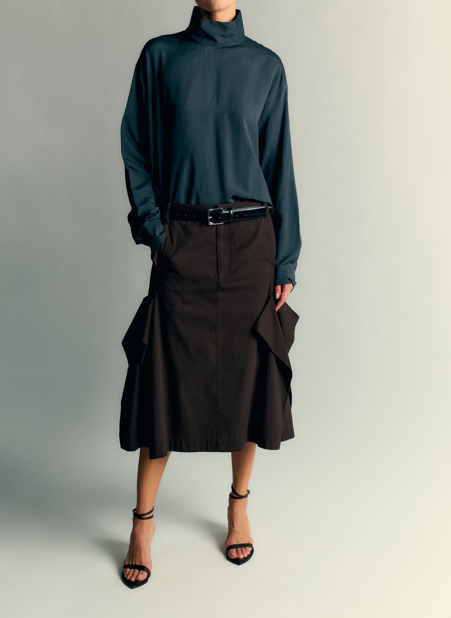 Black Ultra Light Silk Tencel Funnel Neck Shirt - editorial campaign on model