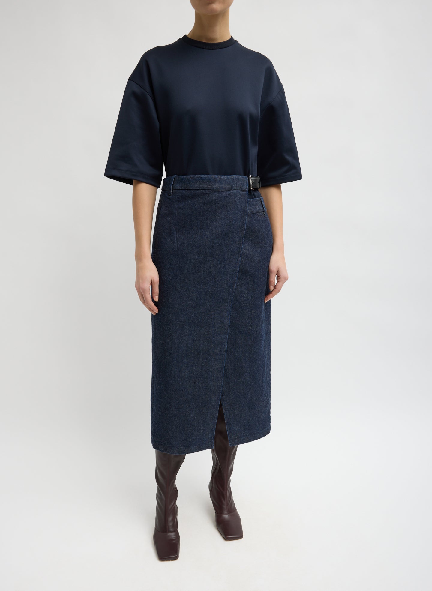 Indigo Denim Double Apron Skirt - front view on model