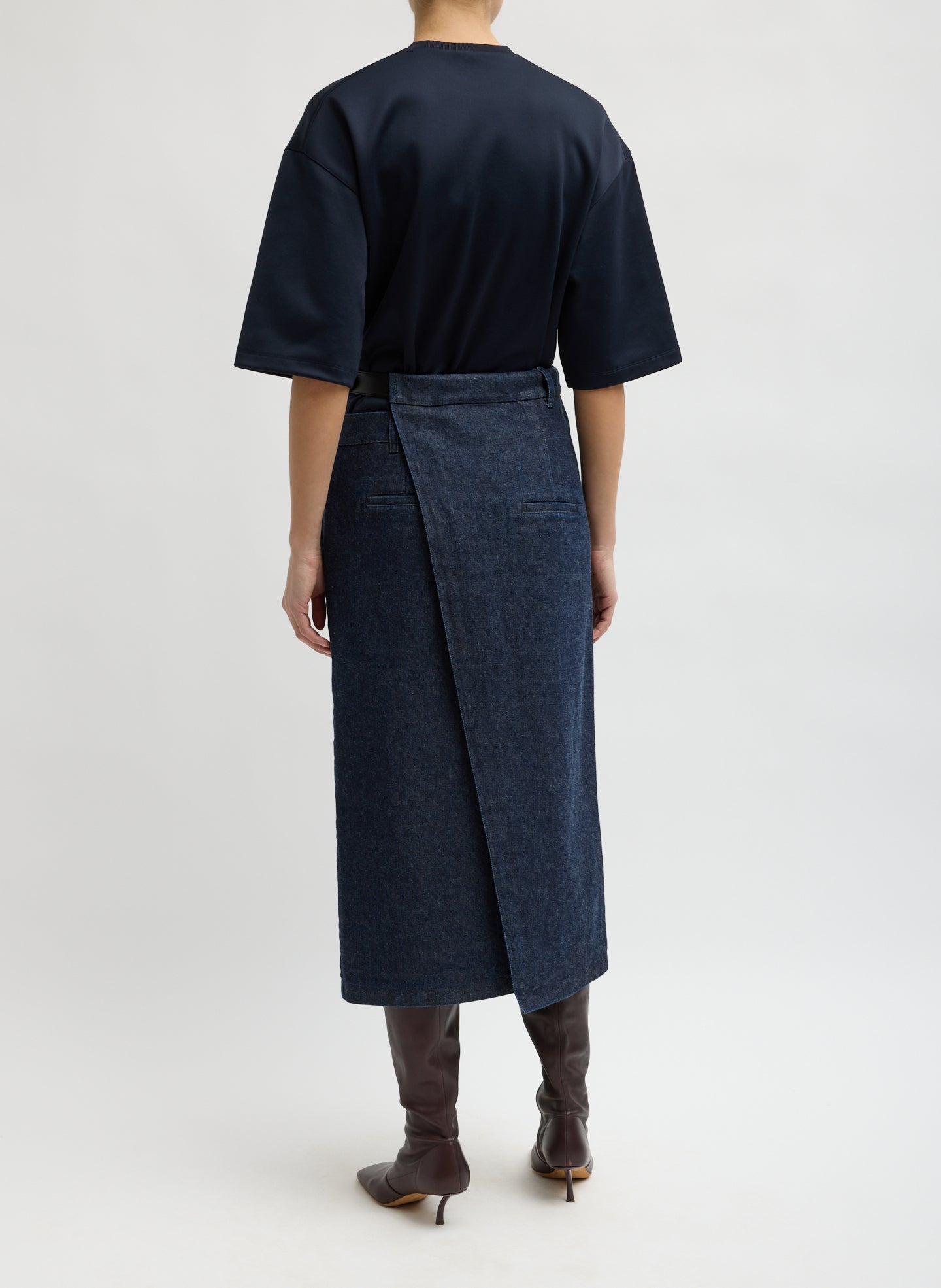 Indigo Denim Double Apron Skirt - back view on model