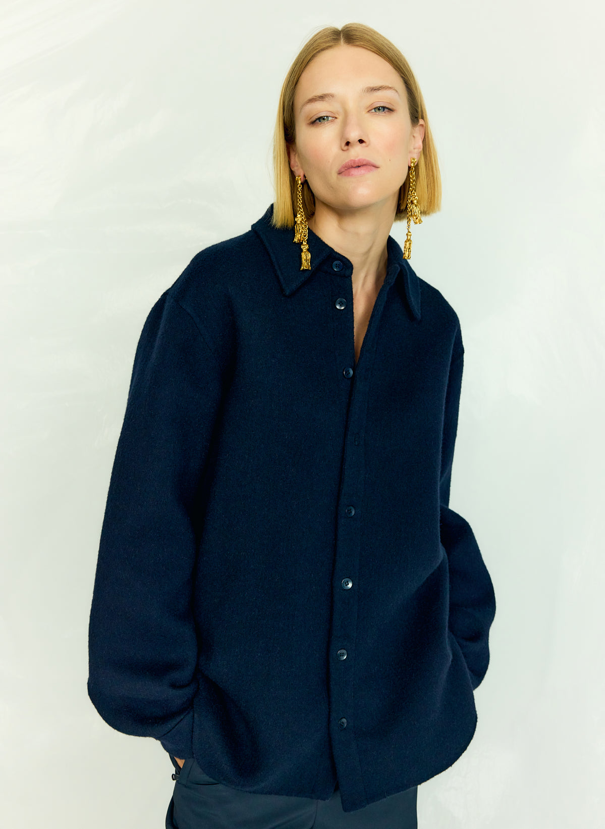 Navy Luxe Double Faced Wool Angora Easy Shirt - editorial campaign on model