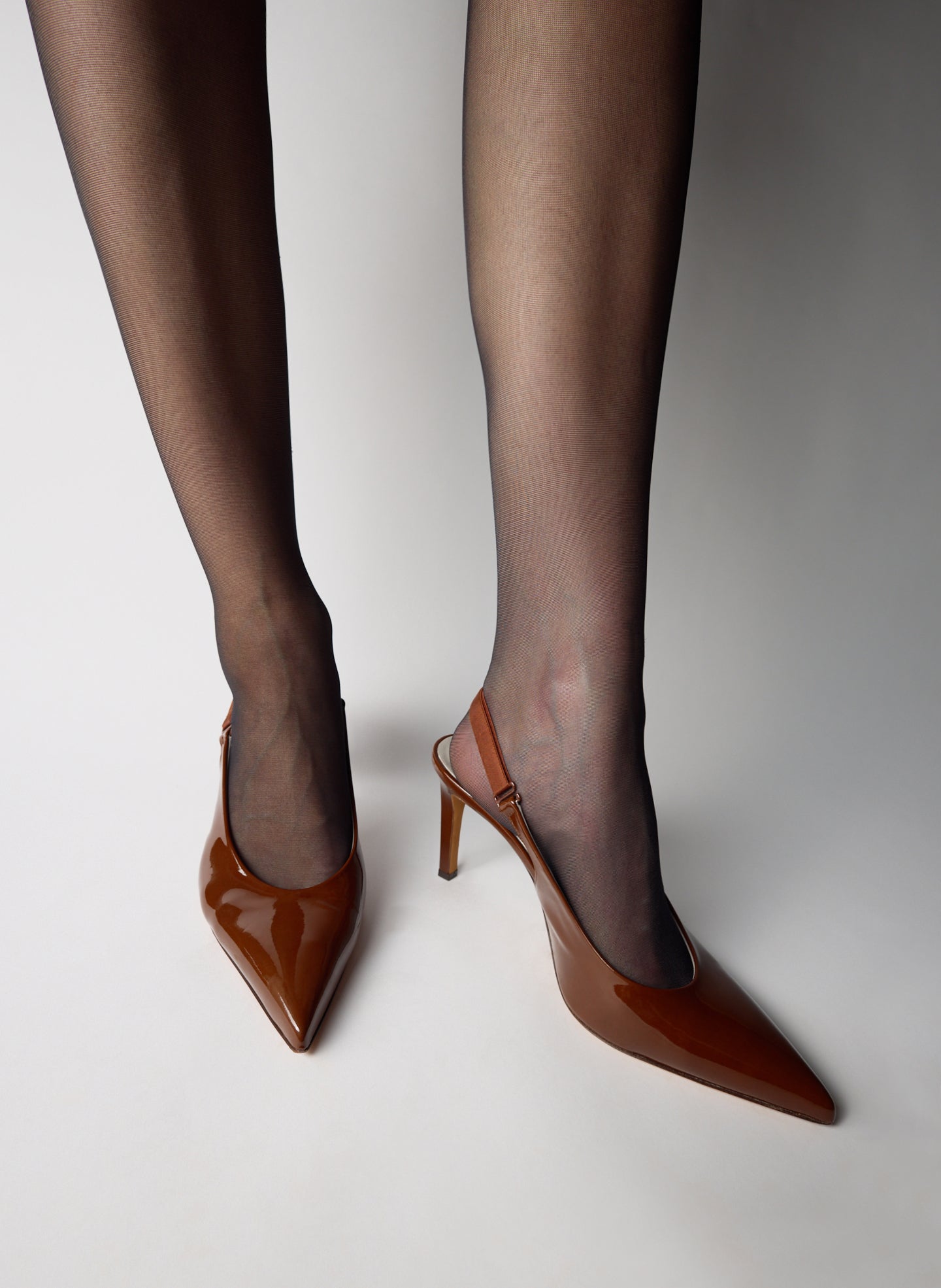 Dark Honey Patent Leather Beasley Pump - on model