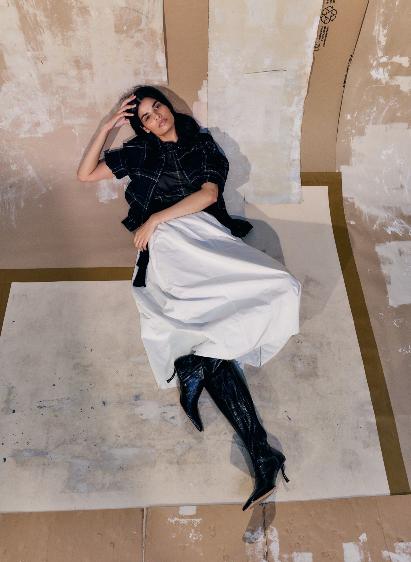 Black Sheer Wool Gauze Checked Oversized Shirt - button down shirt, editorial image on model