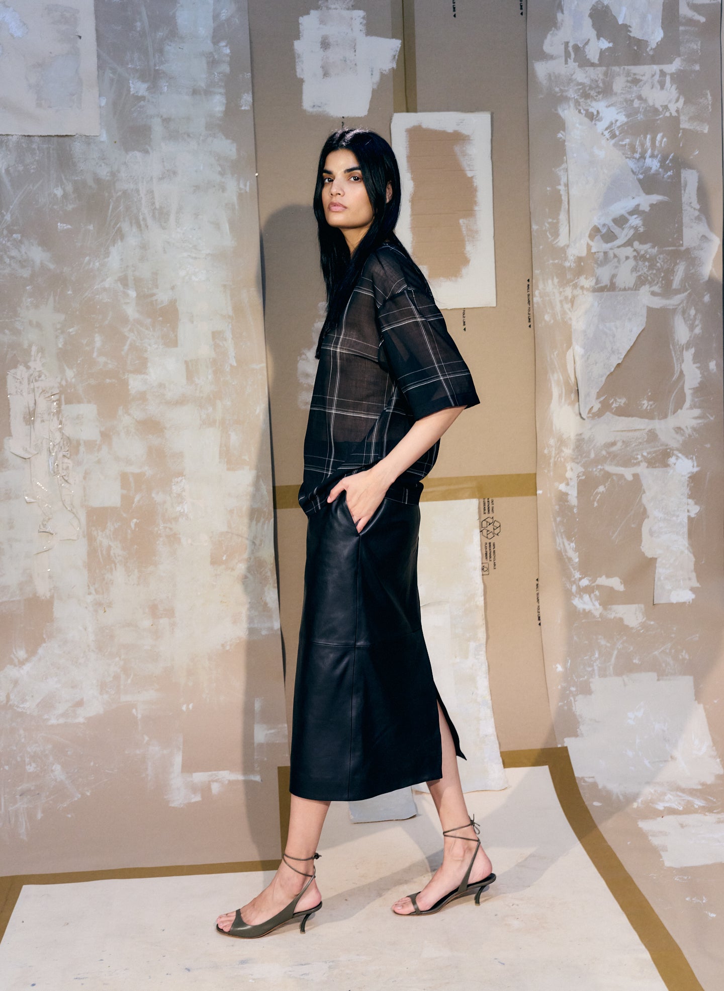 Black Leather Midi Trouser Skirt - editorial image on model