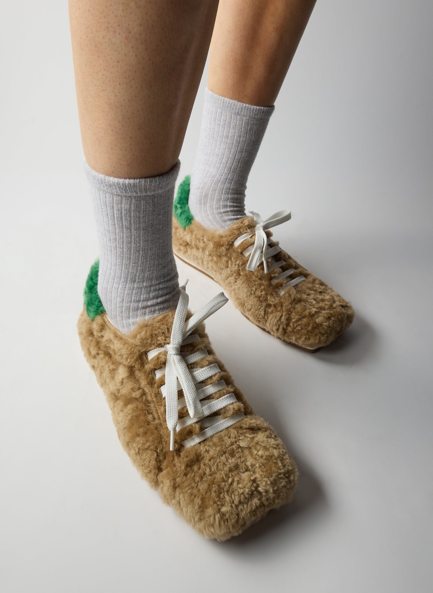Tan Green Teddy Shearling Seth Sneaker - furry, square toe, on model