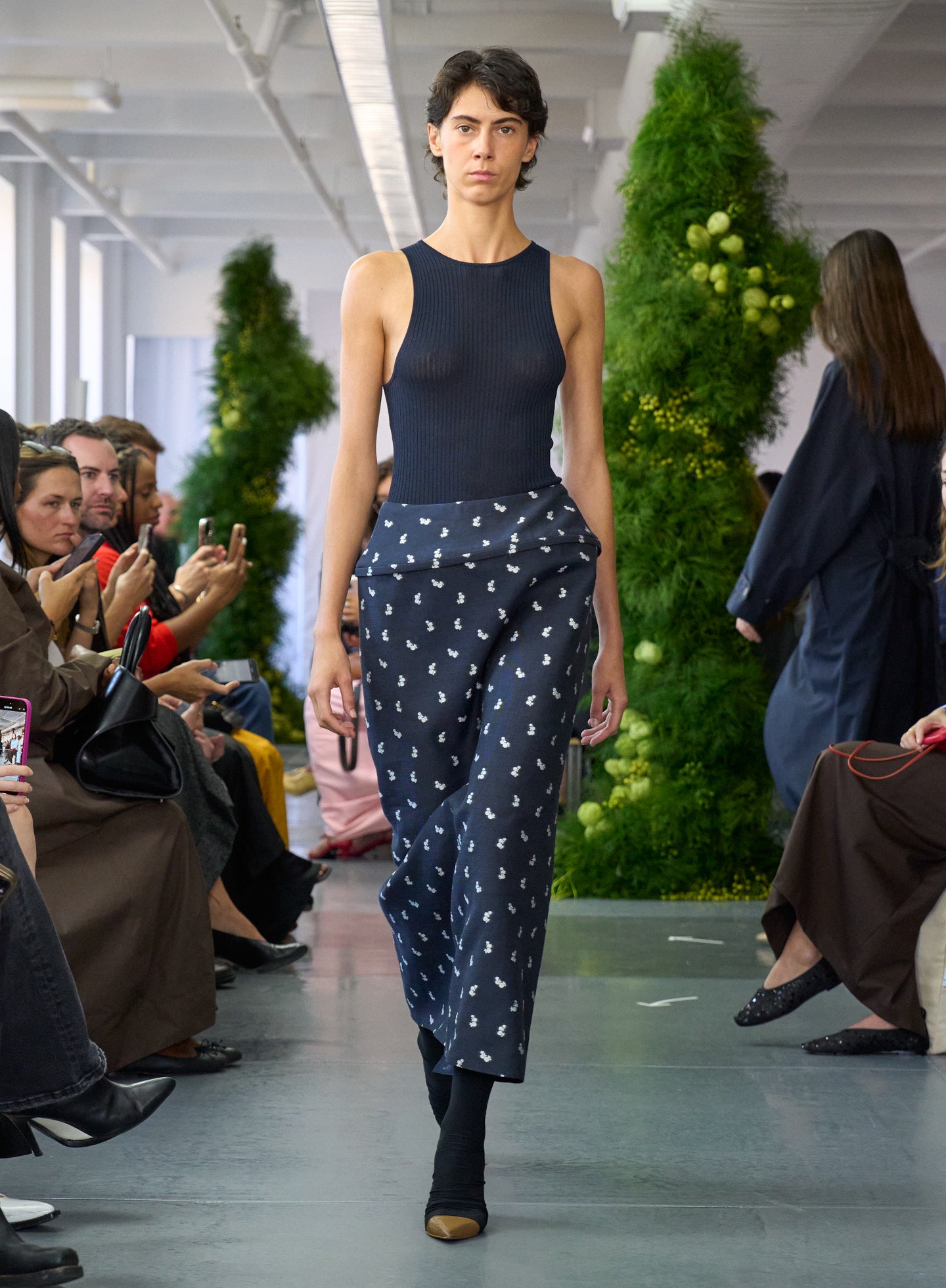 Navy Silk Gazaar Jacquard Hoop Pencil Skirt - runway shot on model
