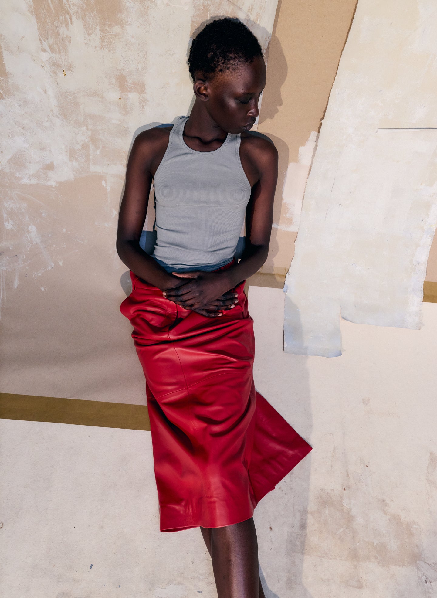 Red Leather Midi Trouser Skirt - editorial image on model