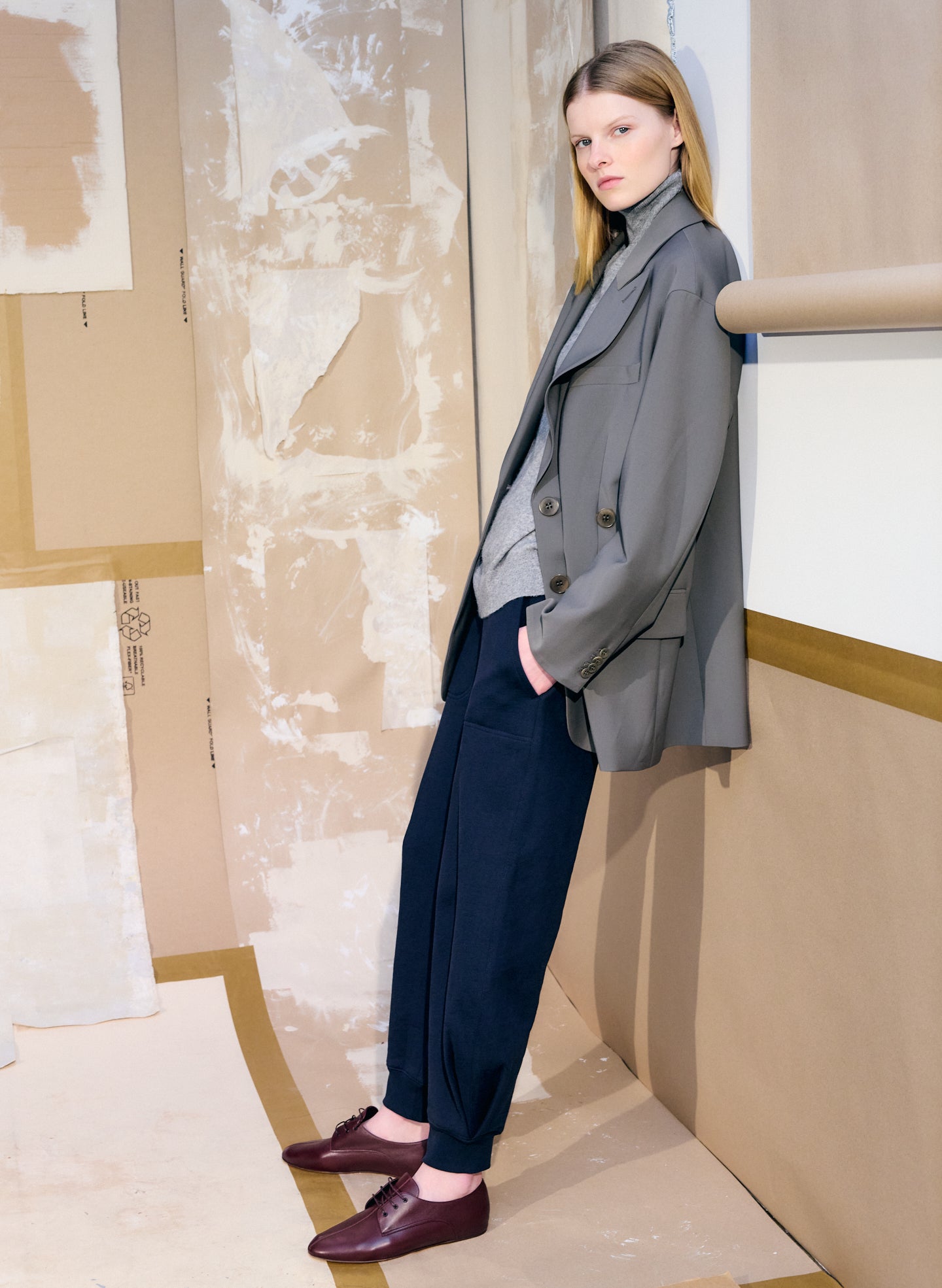 Dark Stone Grey Tropical Wool Liam Blazer - editorial image on model