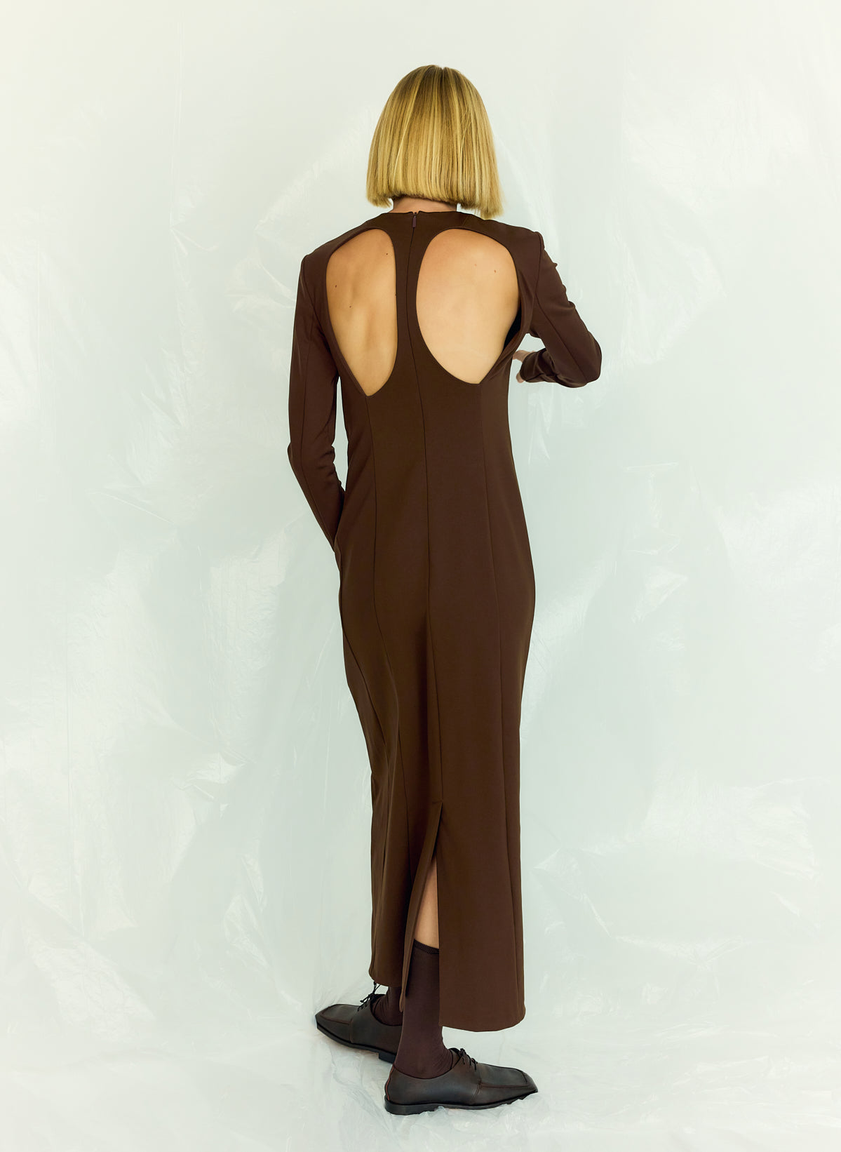 Brown Compact Ultra Stretch Knit Dress With Cut Out Back - editorial campaign on model