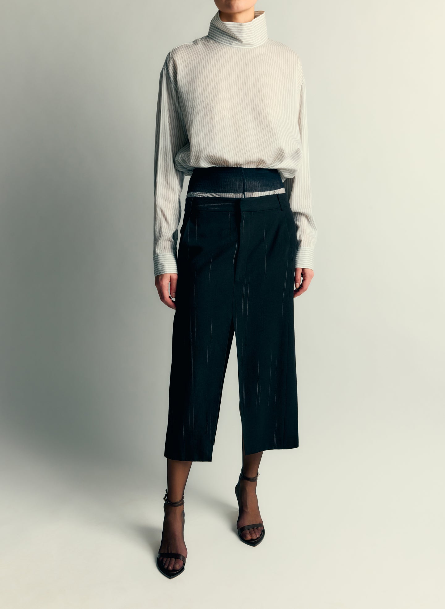 Ultra Light Silk Tencel Striped Funnel Neck Shirt - editorial campaign on model