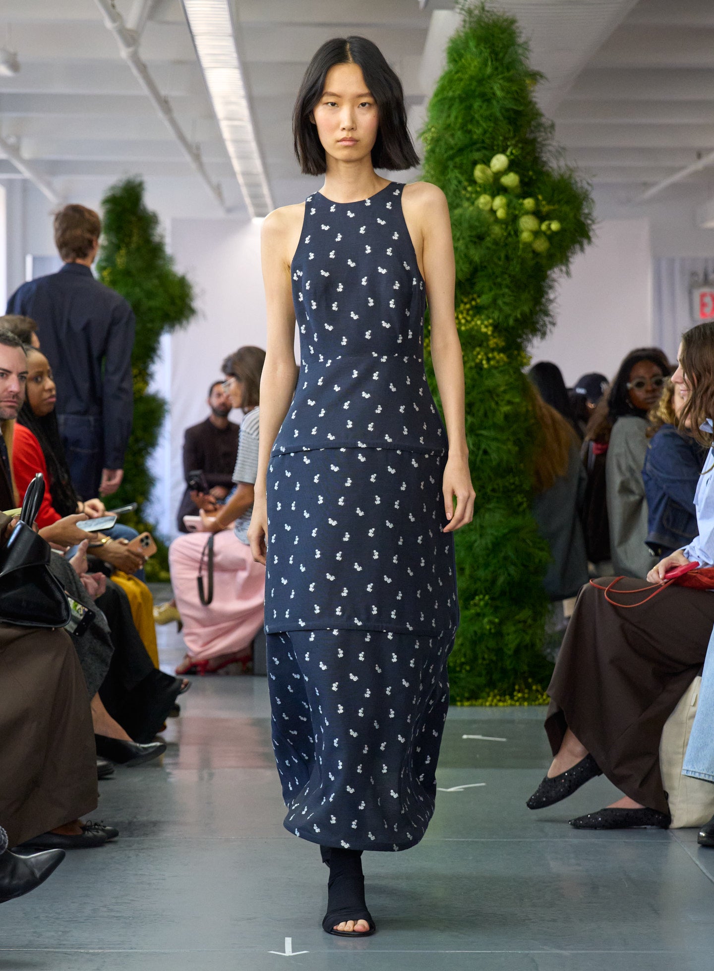 Navy Silk Gazaar Jacquard Hoop Racerback Dress - runway shot on model