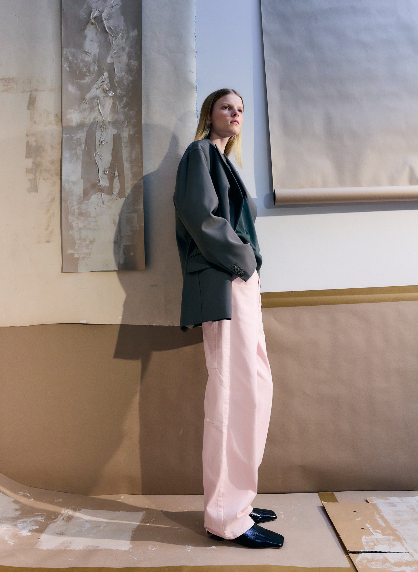 Dark Stone Grey Tropical Wool Liam Blazer - editorial image on model