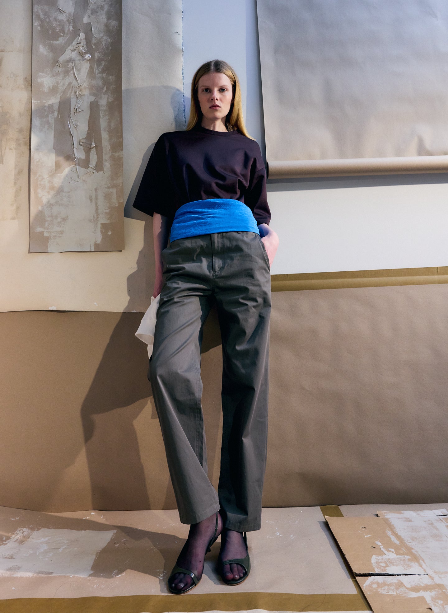 Dark Stone Grey Bio Twill Alec Slouch Pant - straight leg trouser, editorial image on model