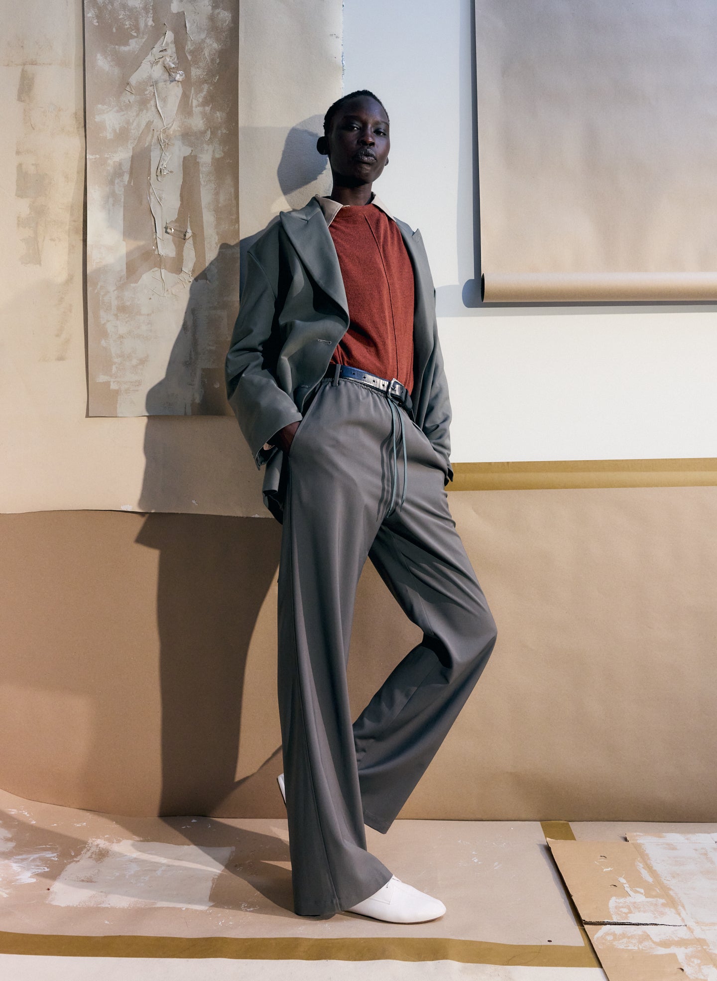 Dark Stone Grey Tropical Wool Charles Trouser - pull on pant, editorial image on model
