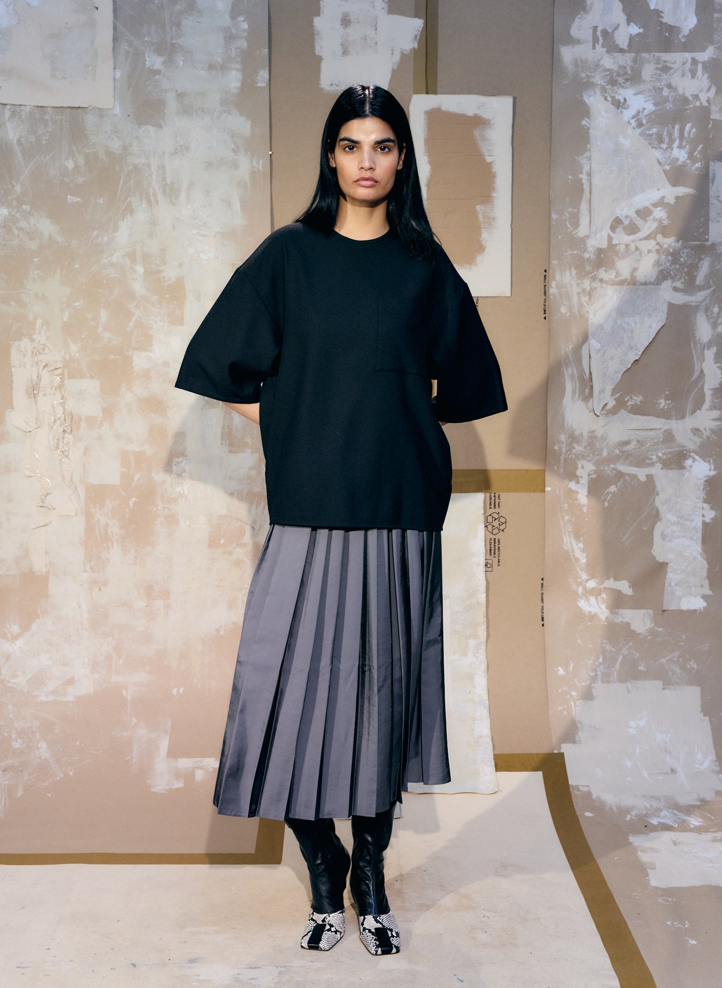 Navy Active Knit Easy T-Shirt + Sunray Skirt - editorial image on model