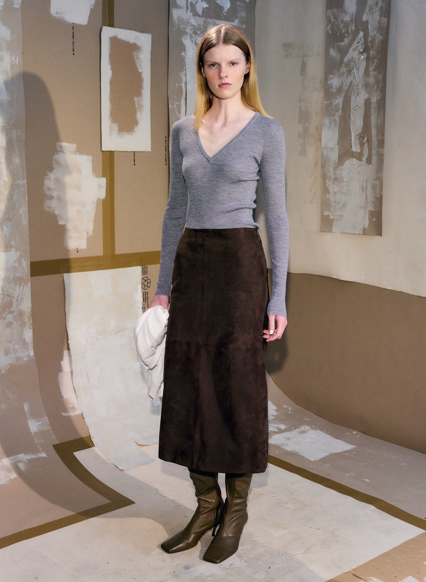 Brown Suede Pencil Skirt - suede midi skirt, editorial image on model