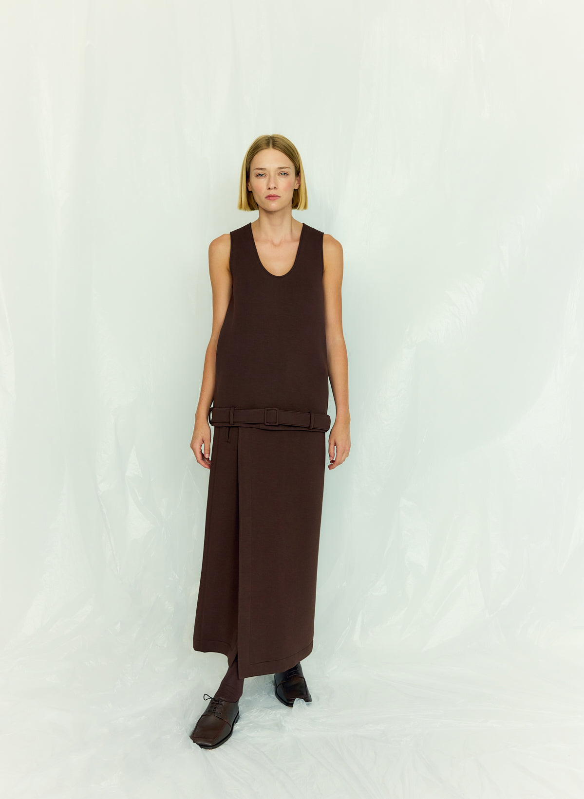 Brown Bonded Viscose Maxi Wrap Skirt - editorial campaign on model